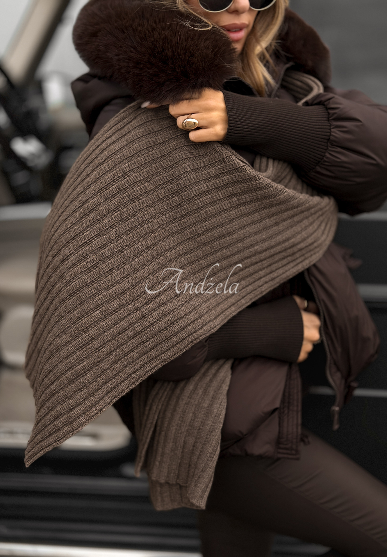 Rebrovaná súprava čiapka a šál s vlnou a kašmírom Snow Dates béžový