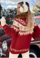 Vzorovaný Sveter z futerkiem Christmas Fireplace červený