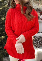 Ozdobnie pleciony Sveter z golfem Wrapped In Comfort červený