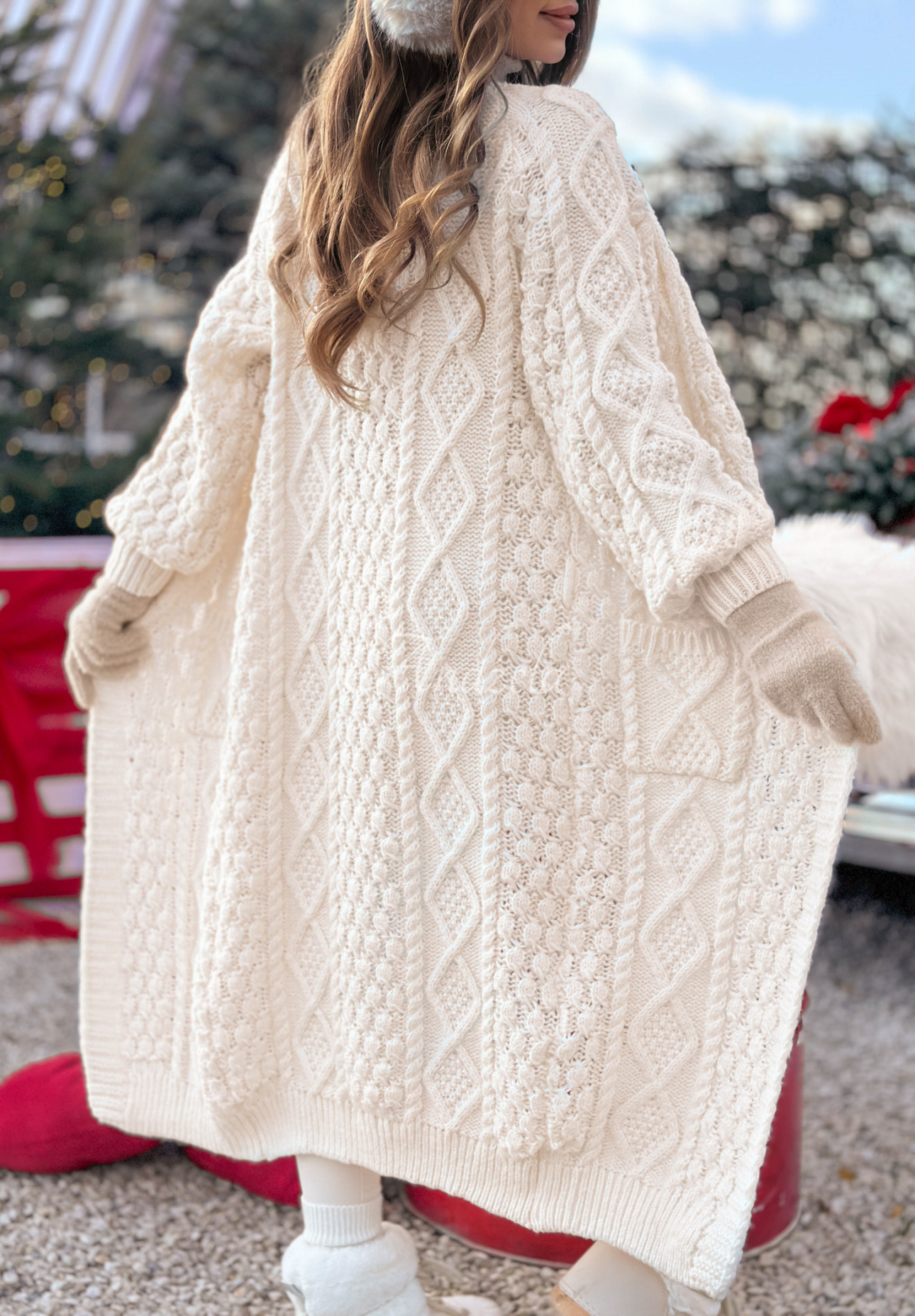 Dlhý ozdobne pletený kardigan Wrap Yourself ecru