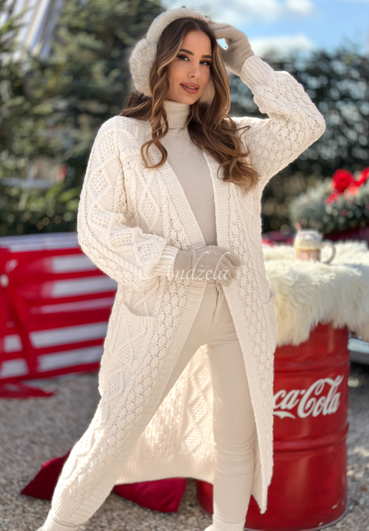 Dlhý ozdobne pletený kardigan Wrap Yourself ecru