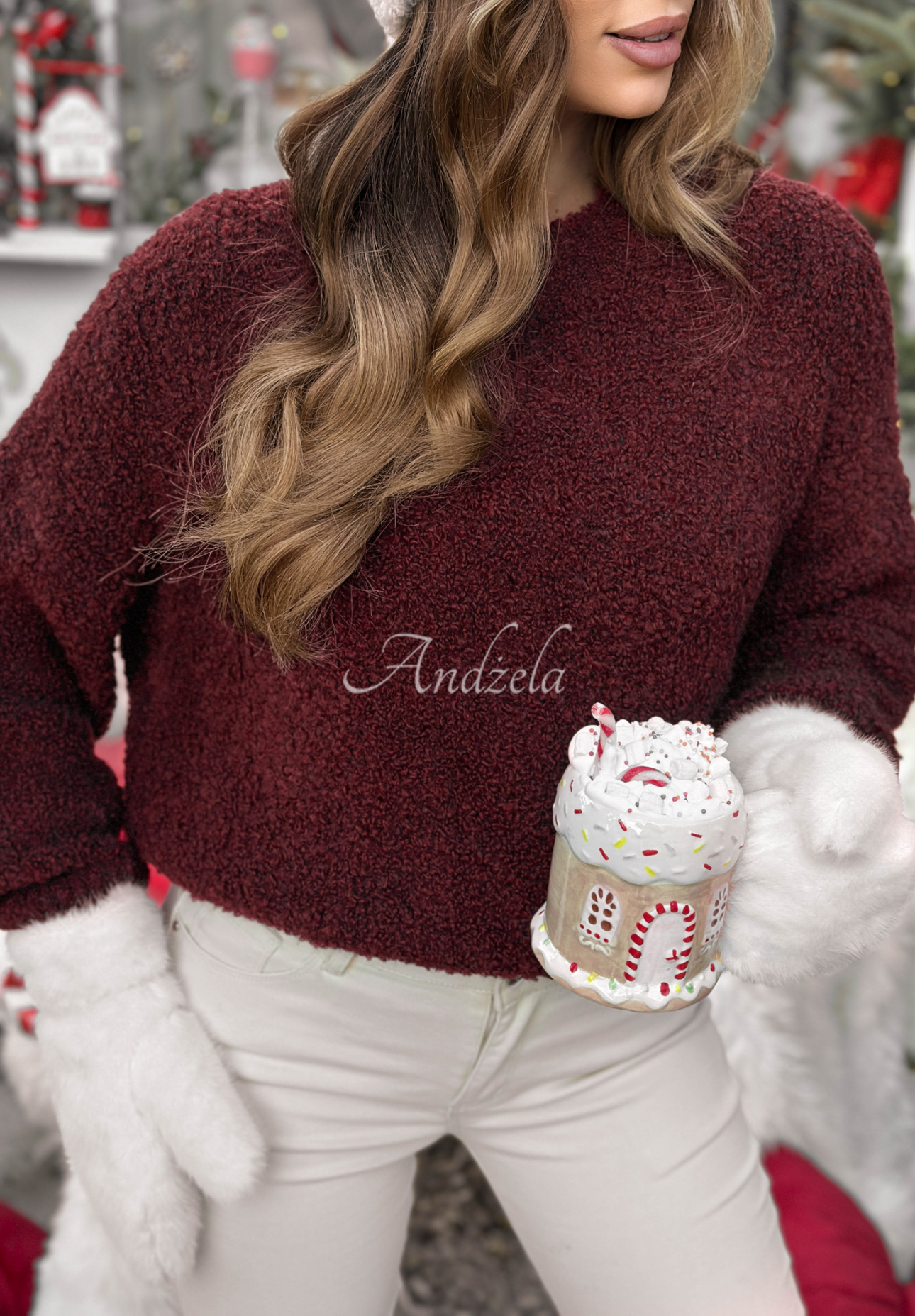 Sveter s mohérom a vlnou Cuddly Companion bordová