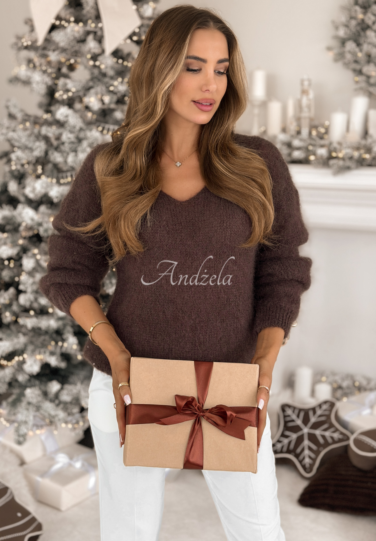 Mohérový sveter s véčkovým výstrihom Seater Soul čokoládový