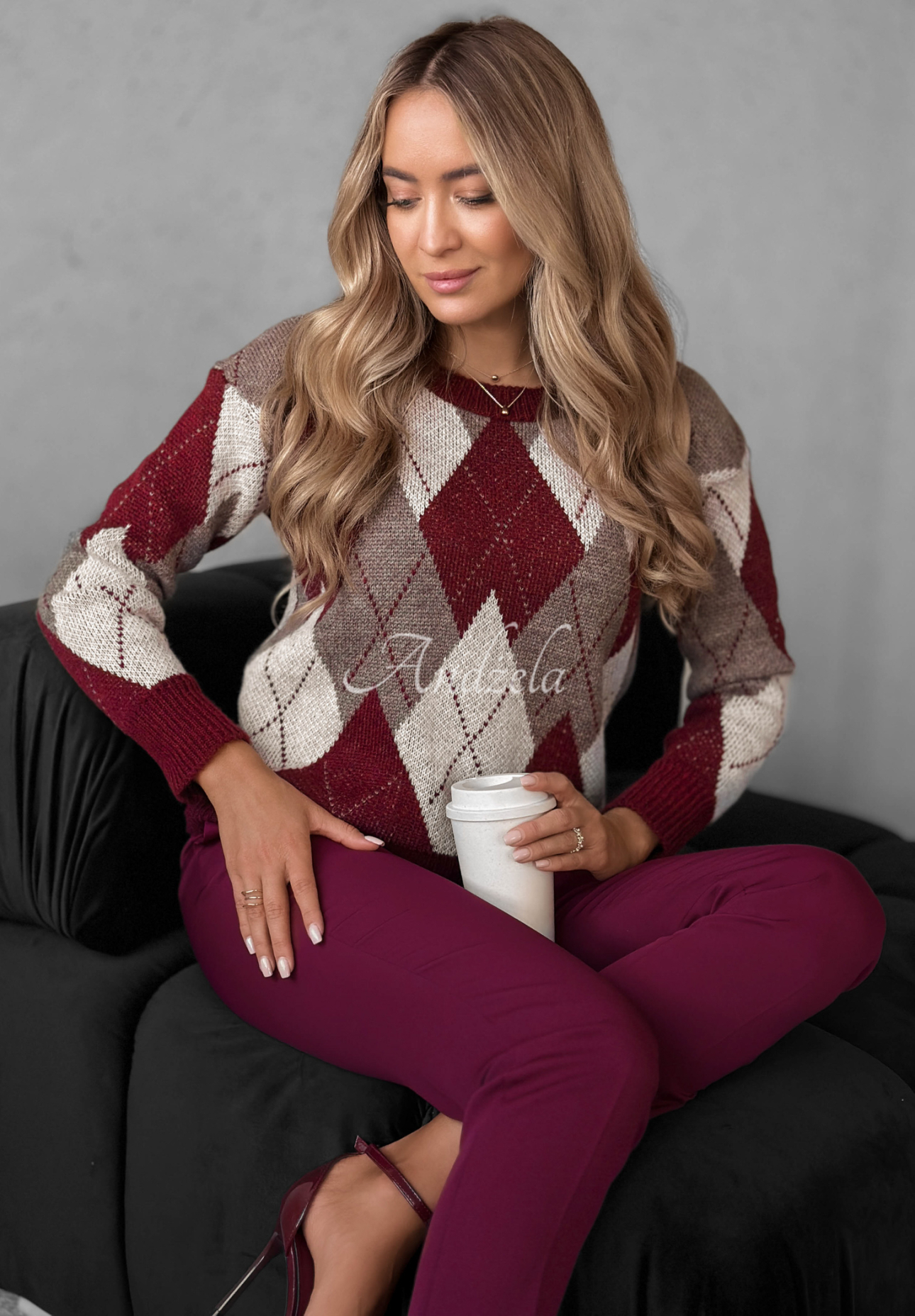 Sveter s diamantovým vzorom s vlnou a alpakou Lone Pine bordová