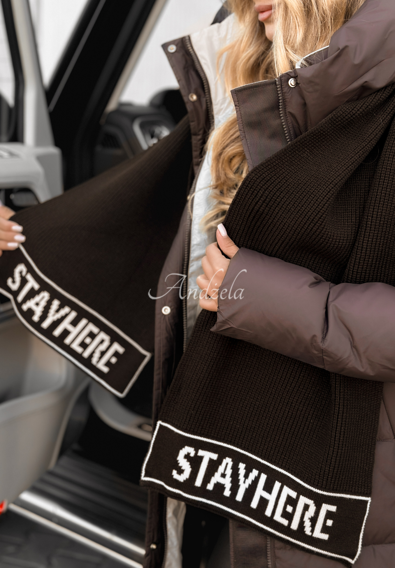 Viskózová súprava čiapka a šál s vlnou Stay Here Winter čokoládový