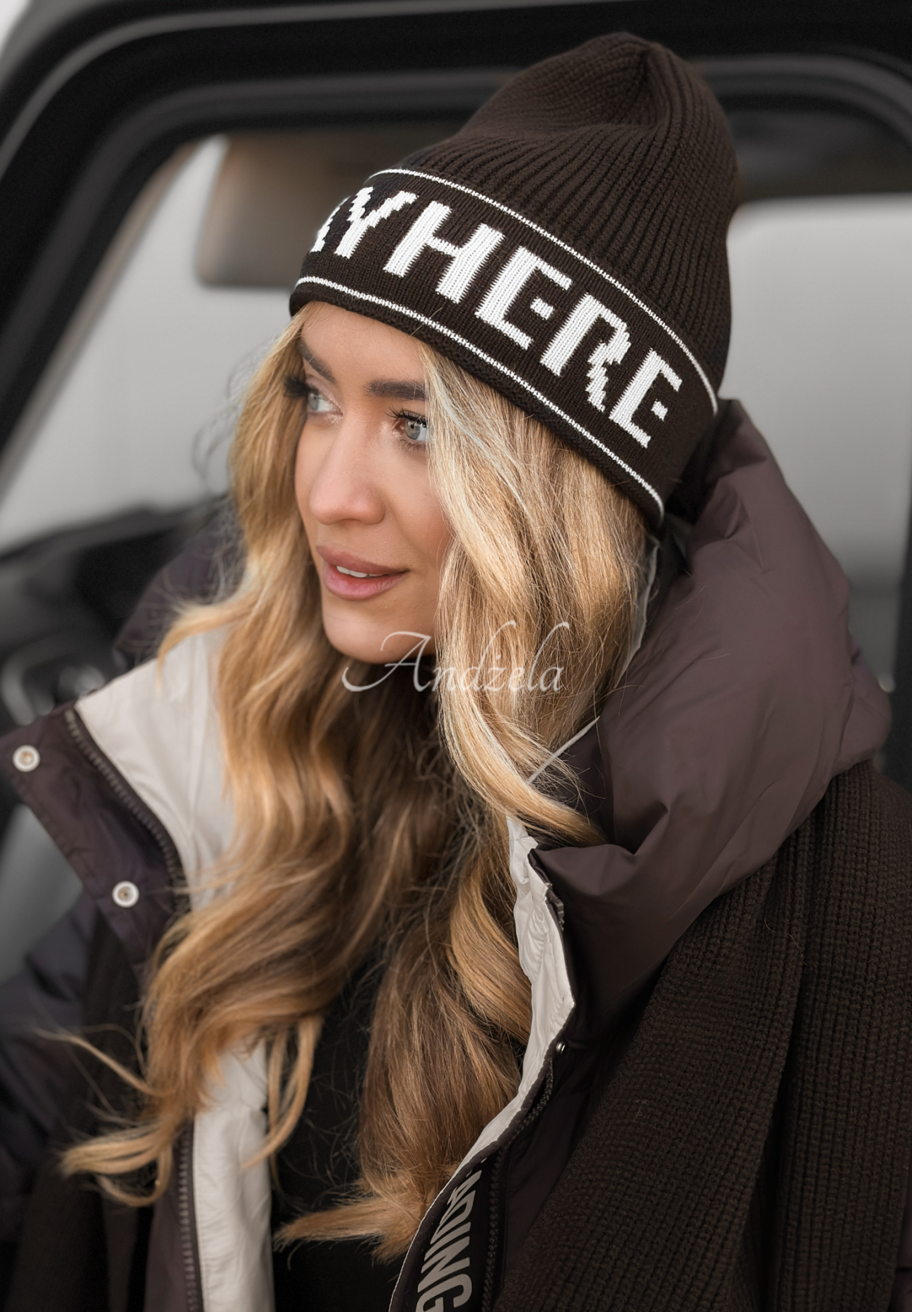 Viskózová súprava čiapka a šál s vlnou Stay Here Winter čokoládový