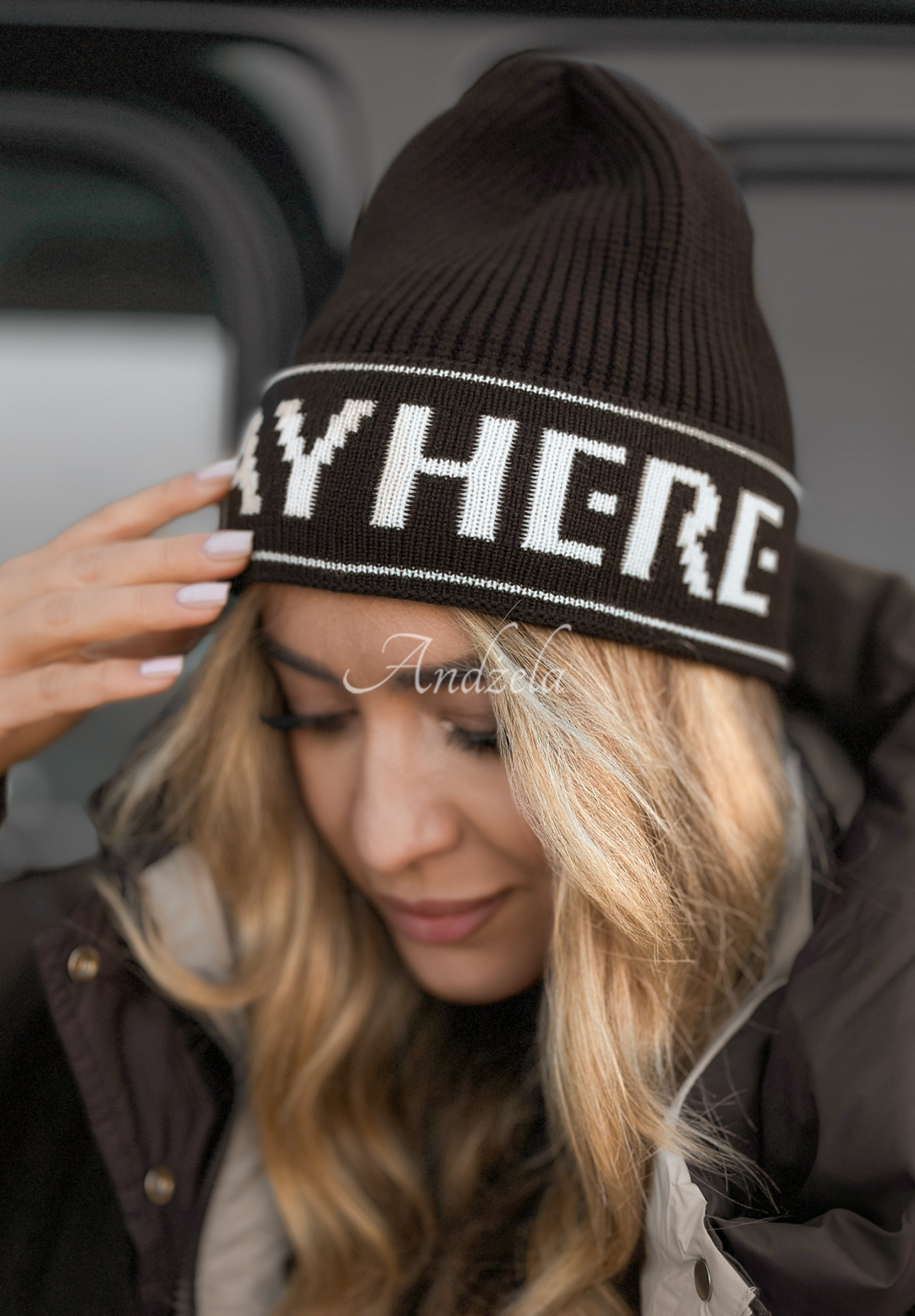 Viskózová súprava čiapka a šál s vlnou Stay Here Winter čokoládový