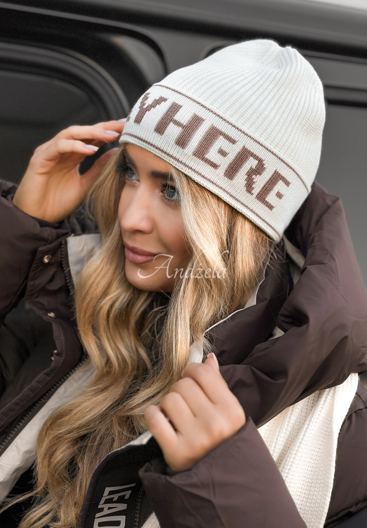 Viskózová súprava čiapka a šál s vlnou Stay Here Winter ecru