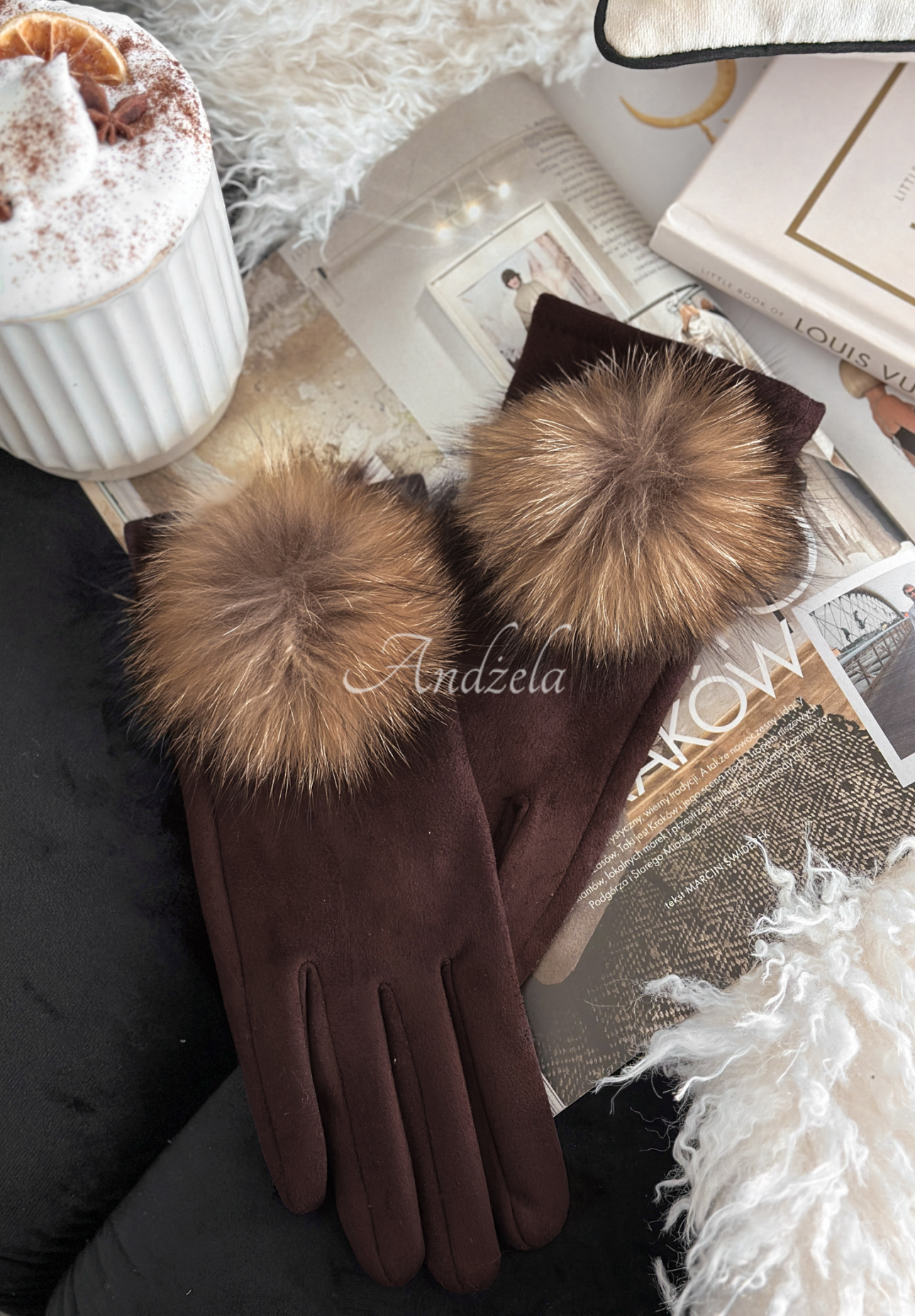 Rukavice z imitácie semišu Fluffy čokoládové