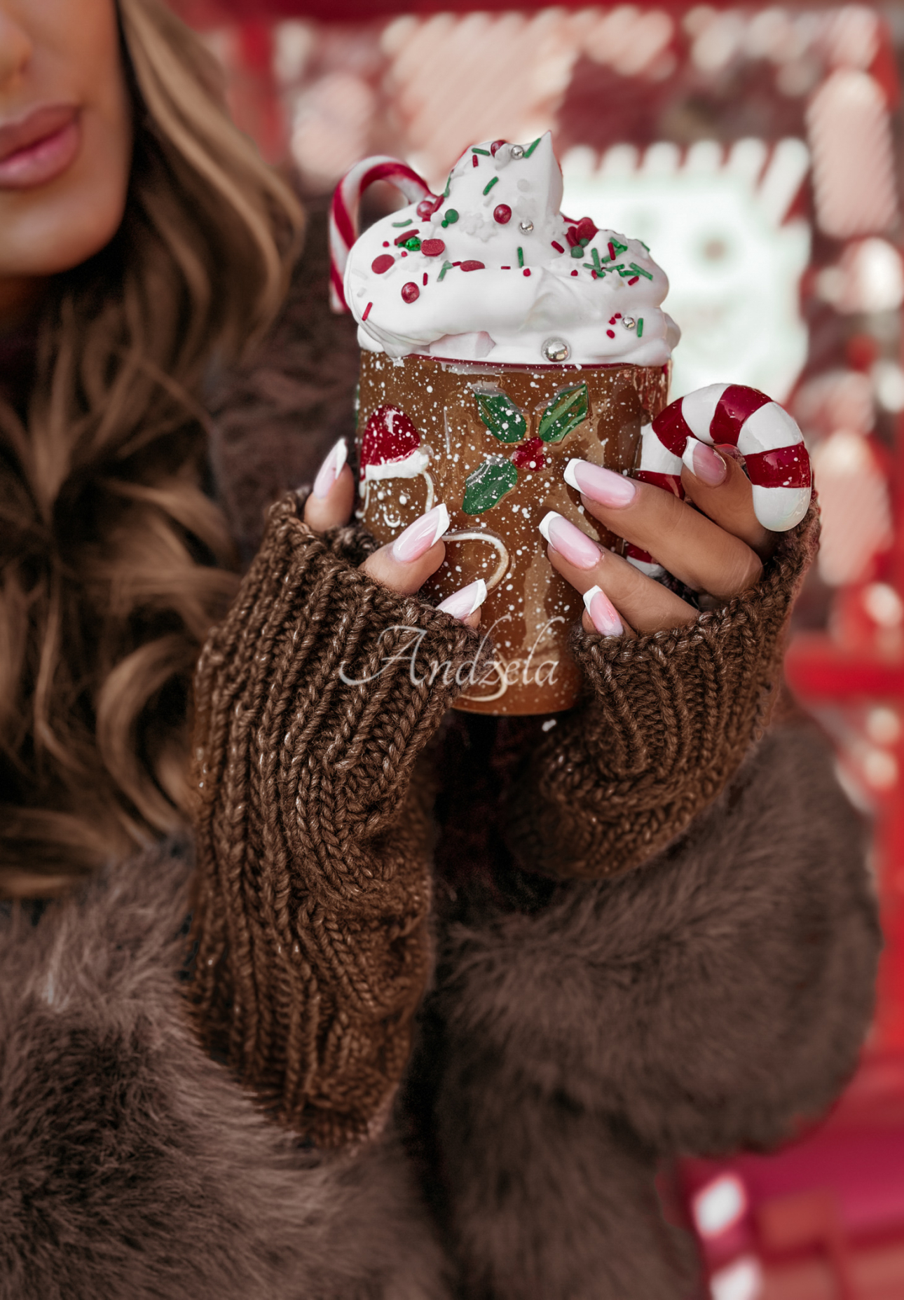 Pletené rukavice Winter Wishes tmavo čokoládové