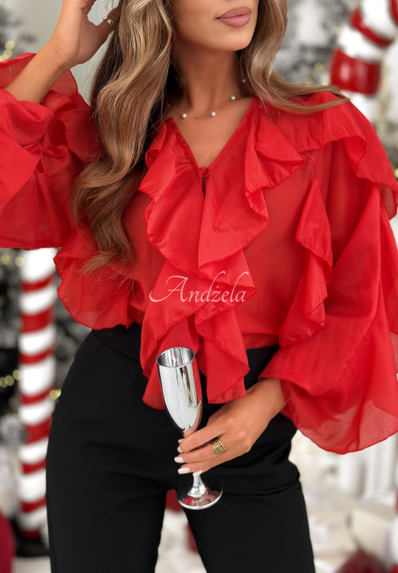 Blúzka z lyocellu s volánikmi Feels Like Christmas červená