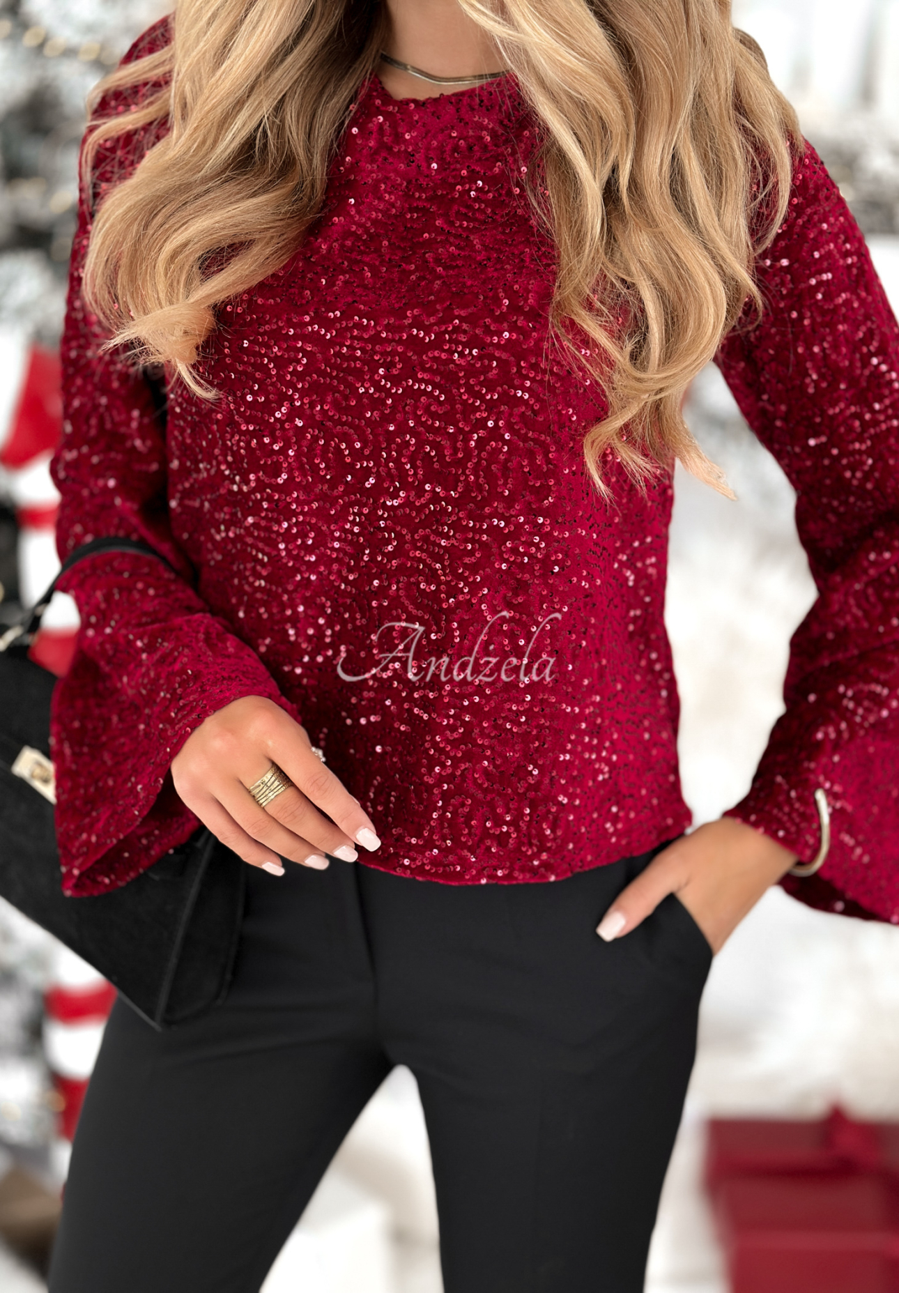 Flitrová blúzka longsleeve The Mistletoe Lady bordová