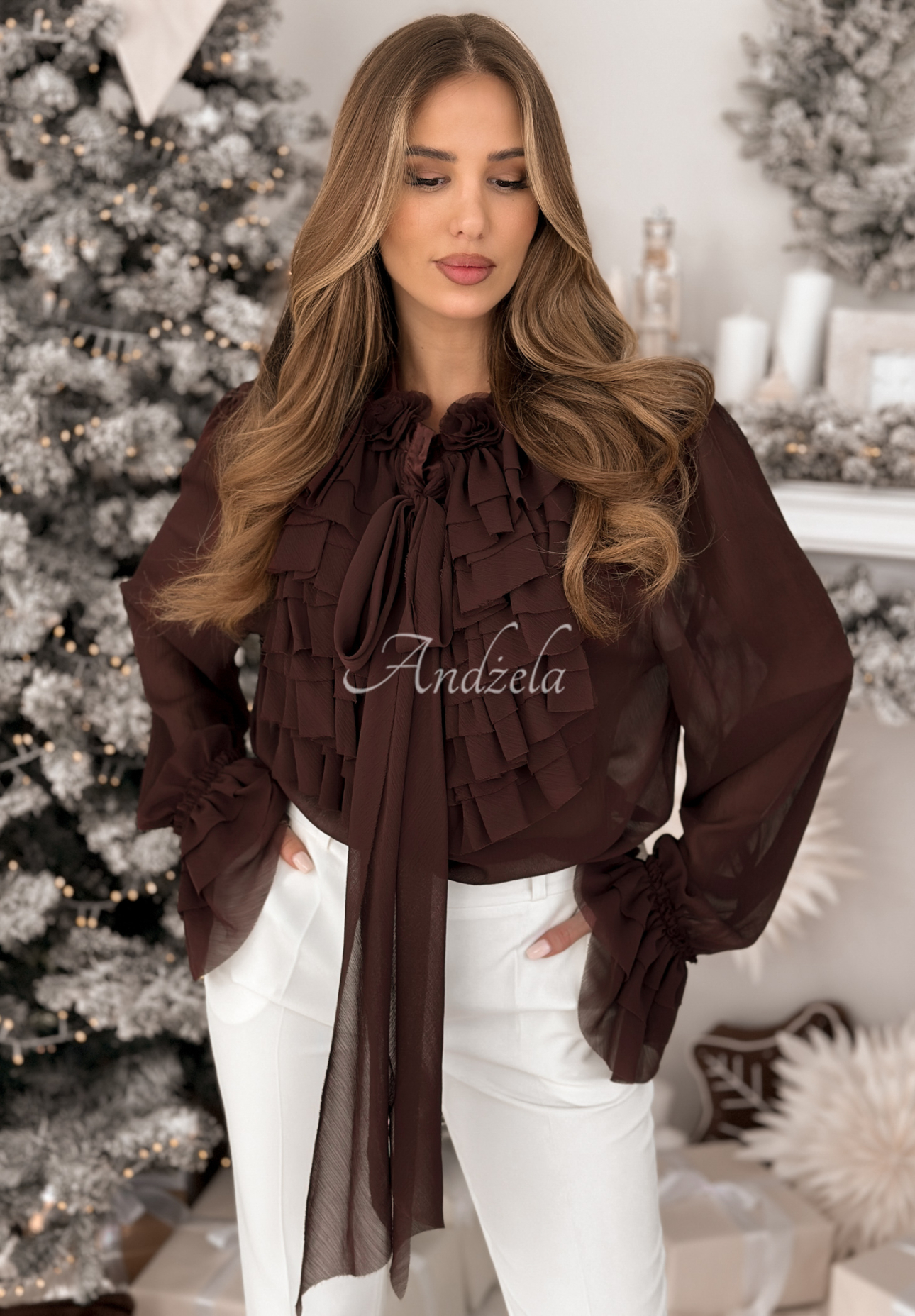 Viskózová košeľa s žabotom a viazaním Miss Delicacy čokoládová