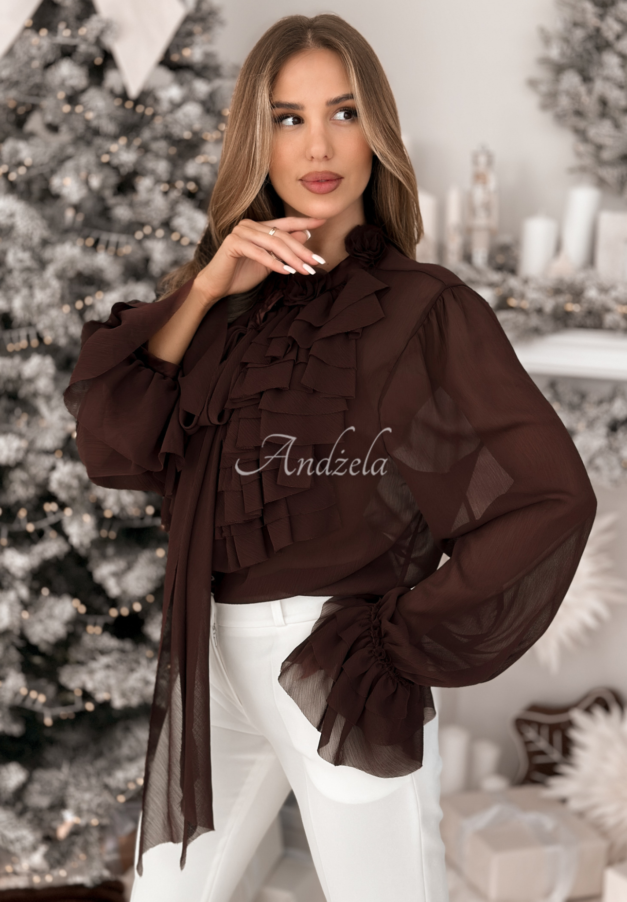 Viskózová košeľa s žabotom a viazaním Miss Delicacy čokoládová