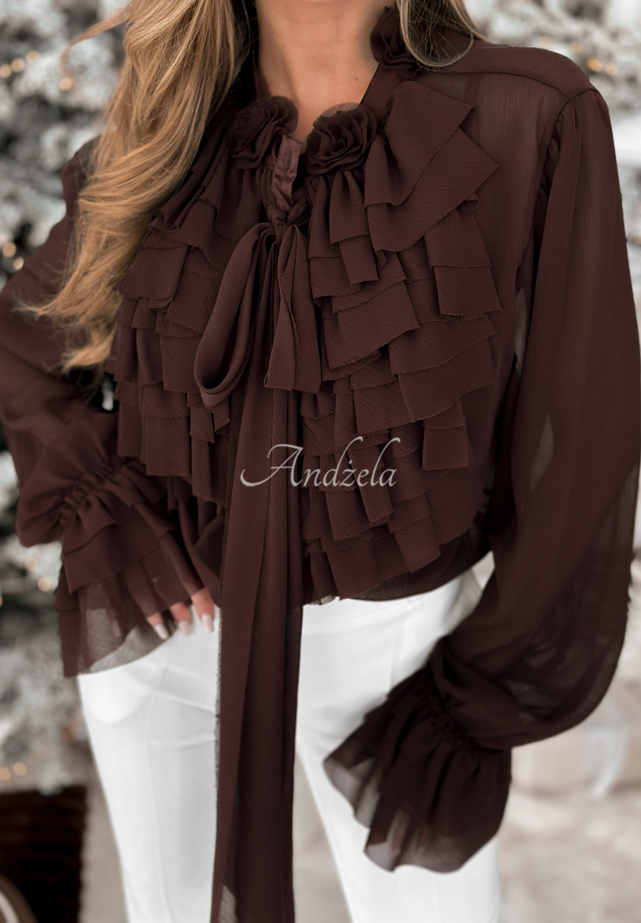 Viskózová košeľa s žabotom a viazaním Miss Delicacy čokoládová