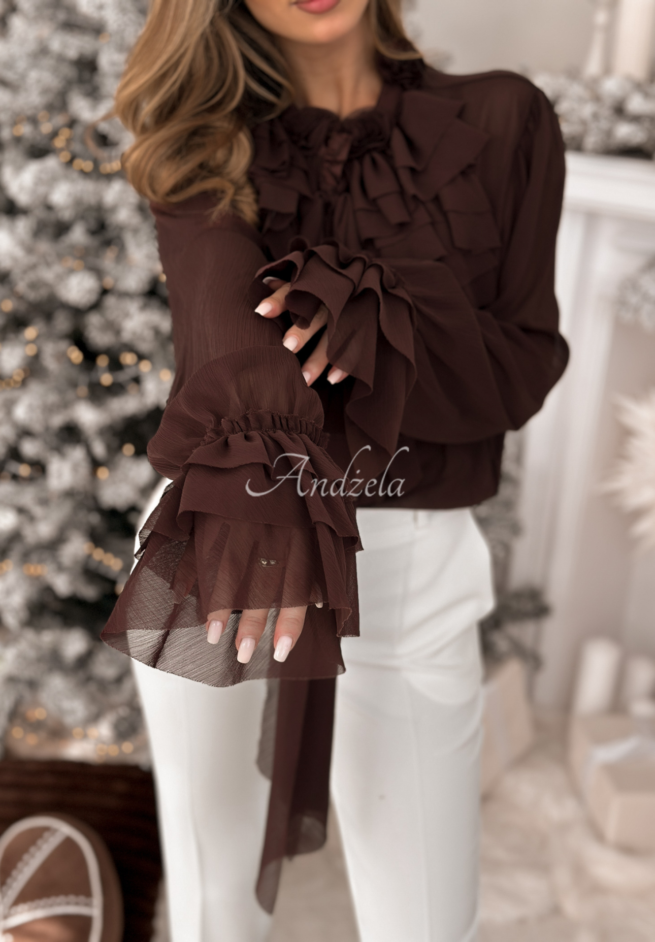 Viskózová košeľa s žabotom a viazaním Miss Delicacy čokoládová