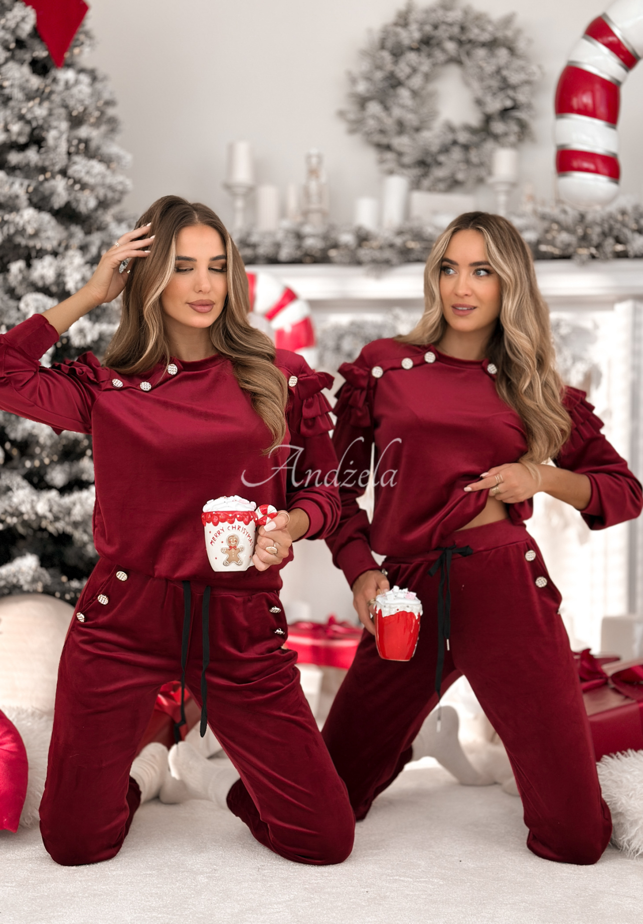 Velúrová tepláková súprava s volánikmi Just Two Of Us bordová