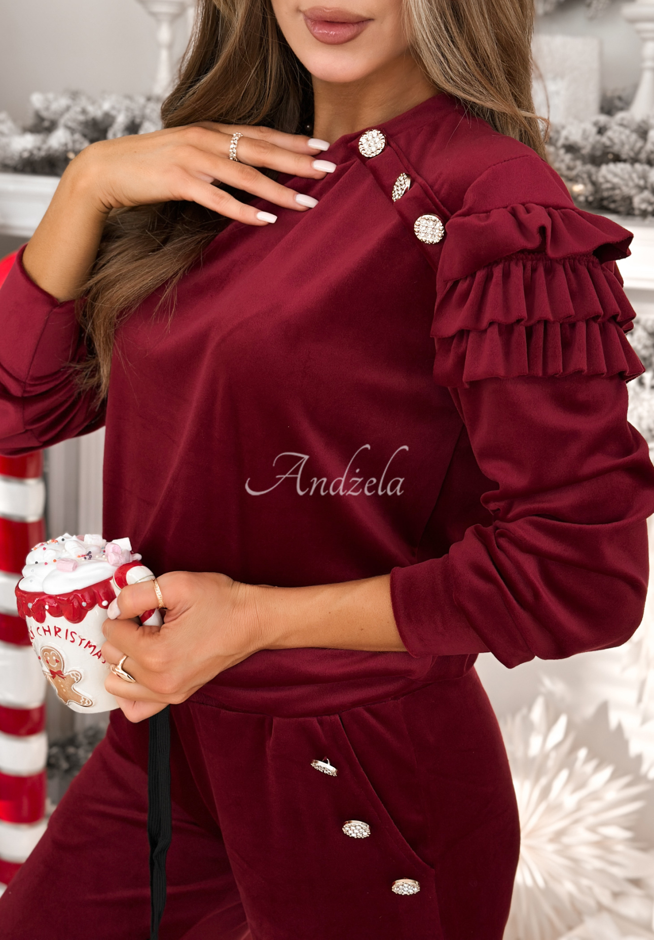 Velúrová tepláková súprava s volánikmi Just Two Of Us bordová