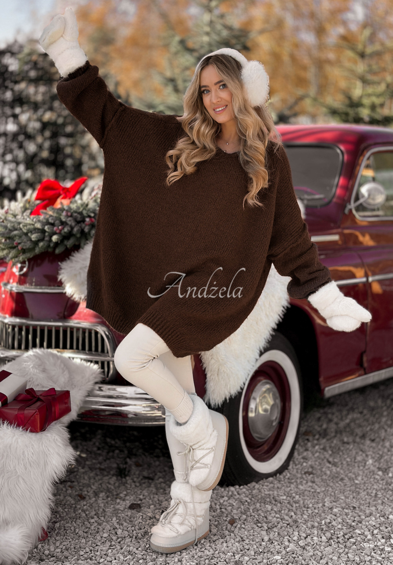 Dlhý sveter oversize tunika s vlnou a viskózou Cozy Weather čokoládový