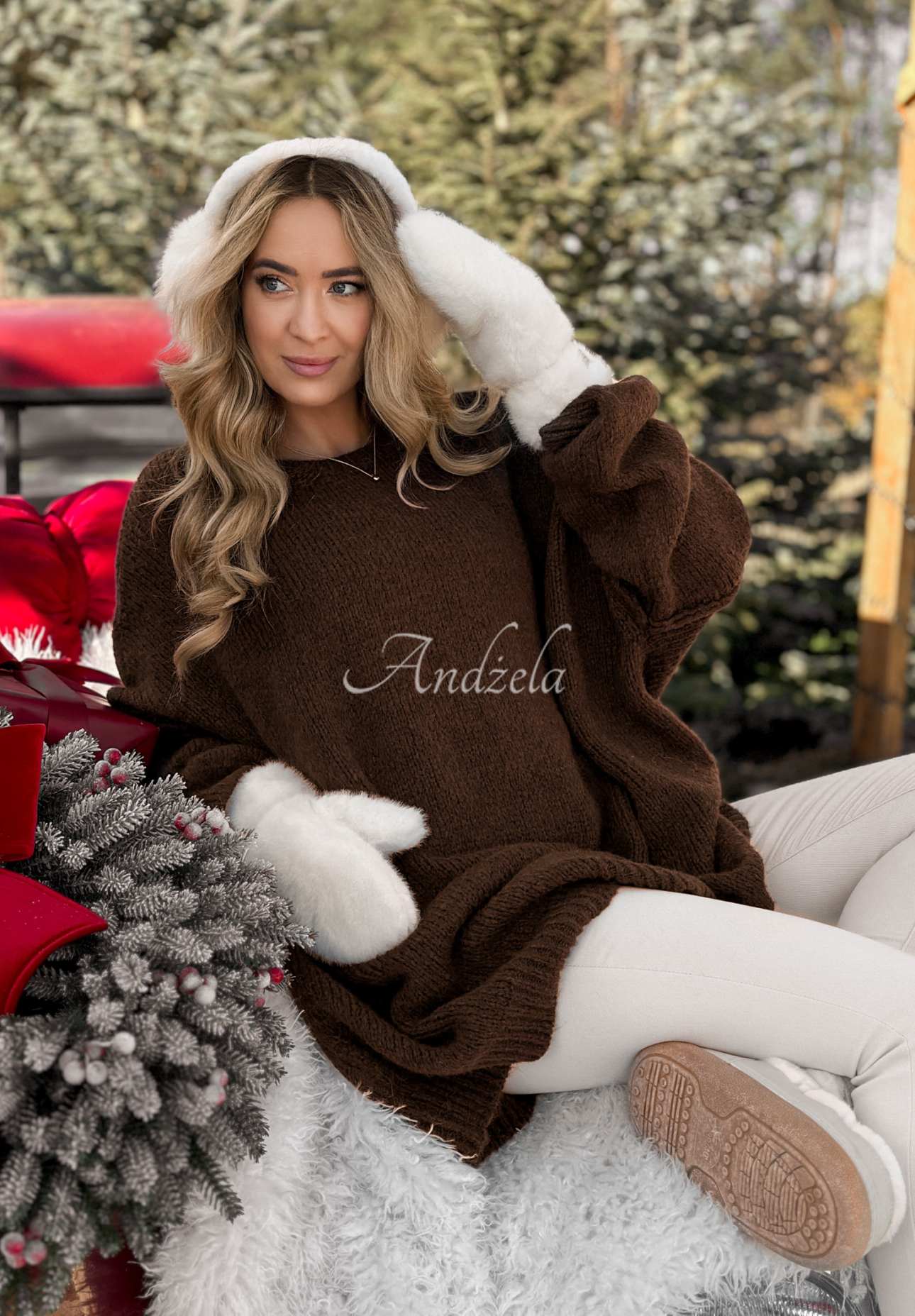 Dlhý sveter oversize tunika s vlnou a viskózou Cozy Weather čokoládový