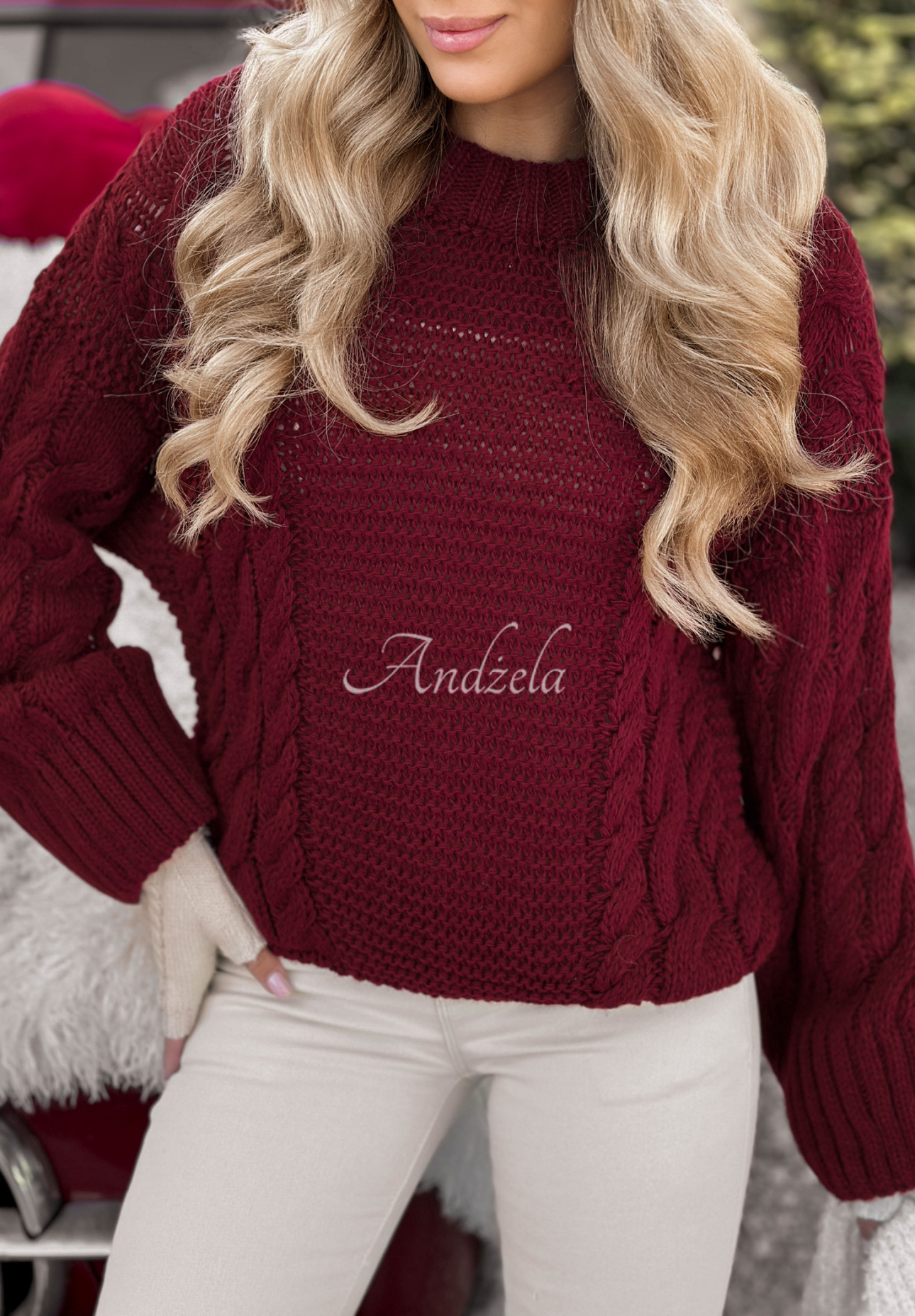 Ozdobne pletený sveter Snuggle Weather bordová