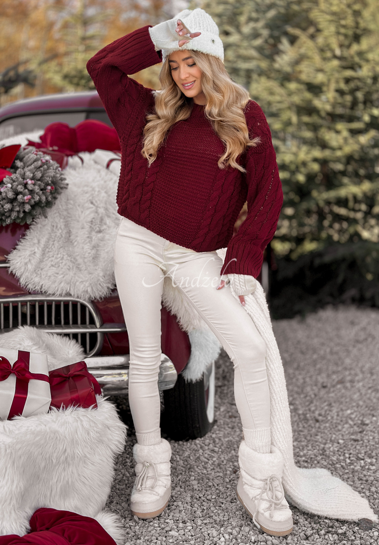 Ozdobne pletený sveter Snuggle Weather bordová