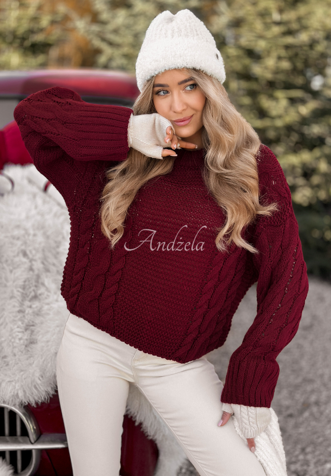 Ozdobne pletený sveter Snuggle Weather bordová