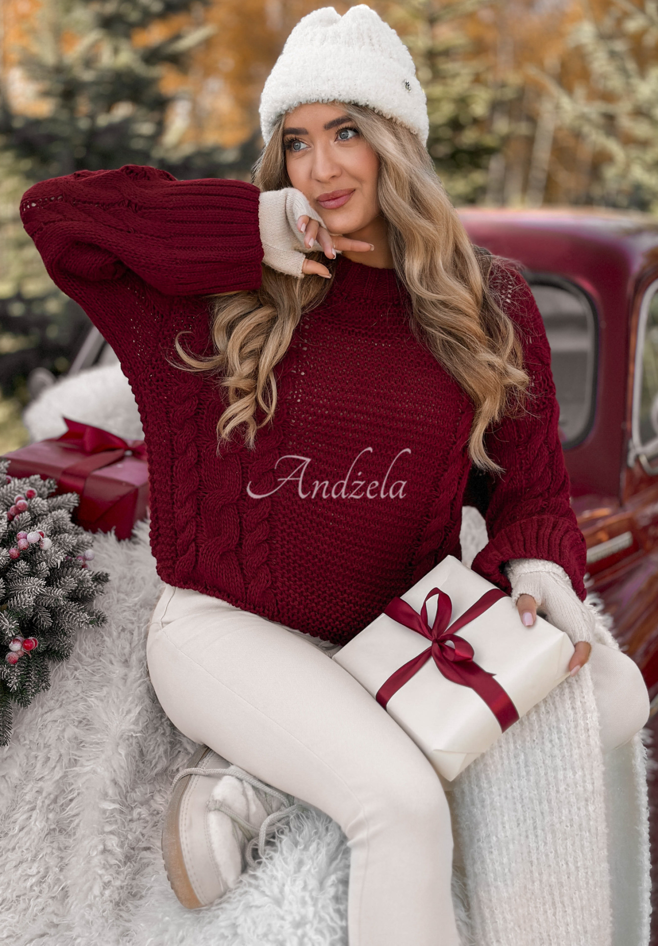 Ozdobne pletený sveter Snuggle Weather bordová