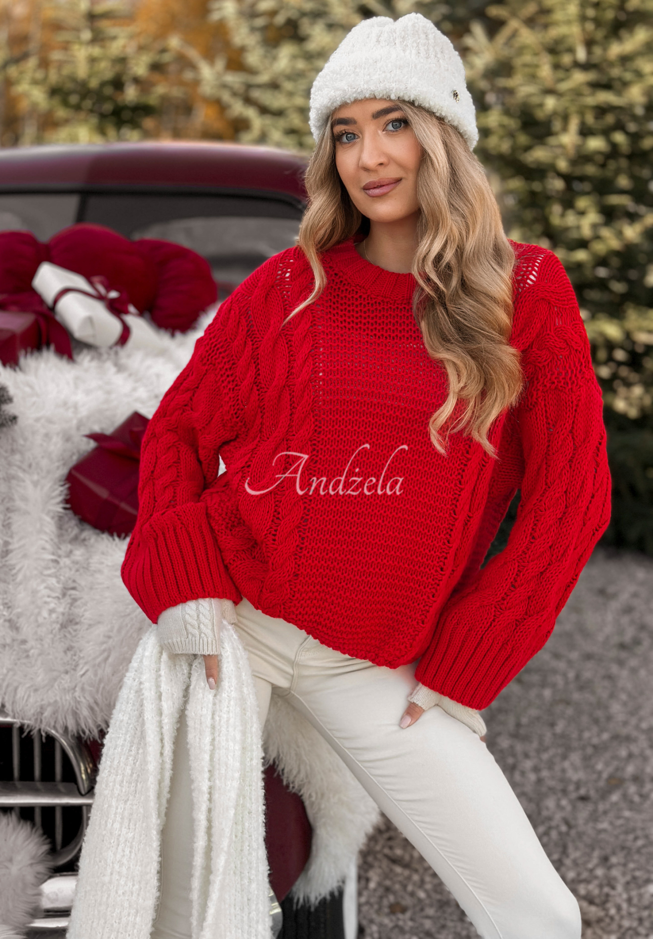 Ozdobne pletený sveter Snuggle Weather červený