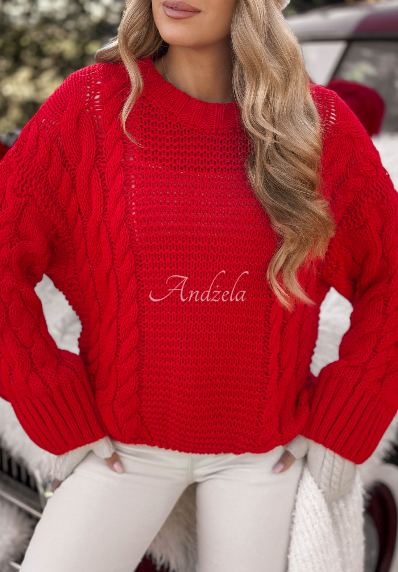 Ozdobne pletený sveter Snuggle Weather červený