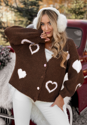 Krátky kardigan oversize so srdiečkami Second Date čokoládový