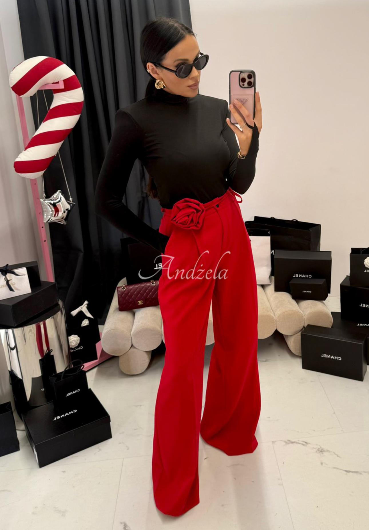 Viskózové nohavice wide leg s kvetom La Milla Red Rose červené