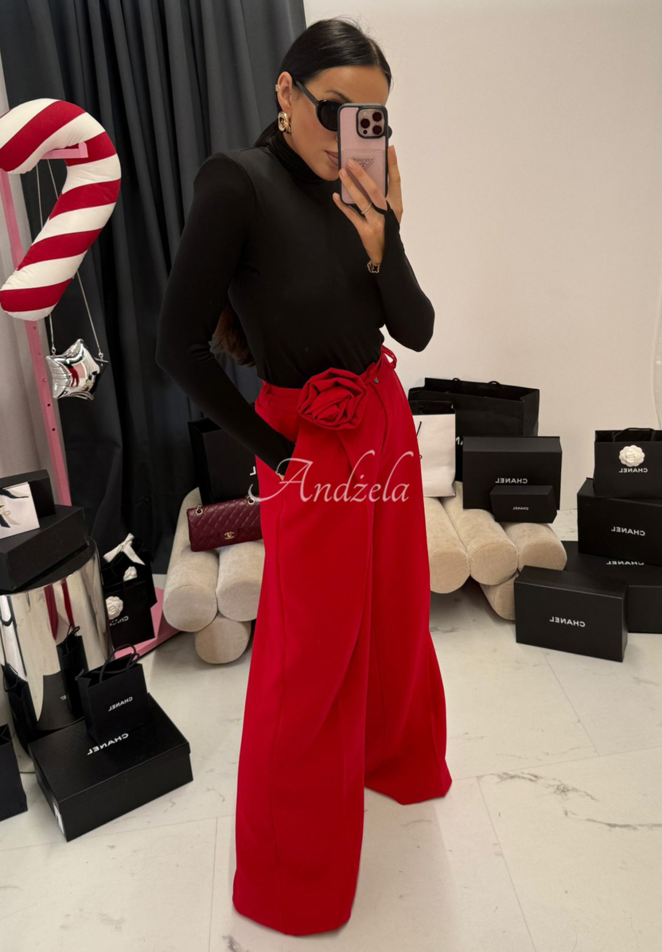 Viskózové nohavice wide leg s kvetom La Milla Red Rose červené
