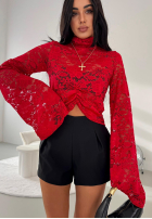 Koronkowa Blúzka ze stójką i szerokimi rękawami z wiskozy La Milla Why Not You červená