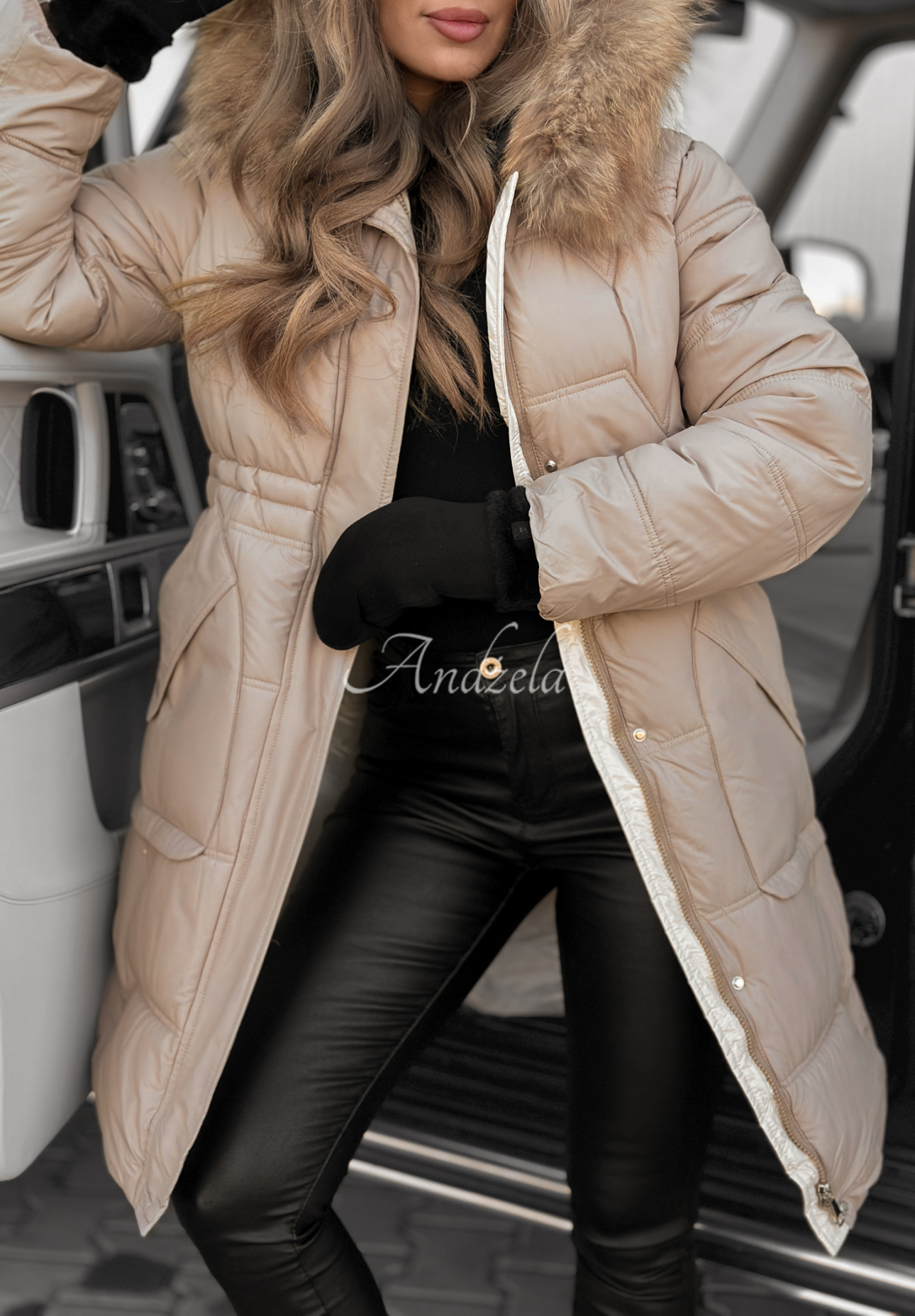 Dlhá prešívaná Bunda Rivia tmavo béžová