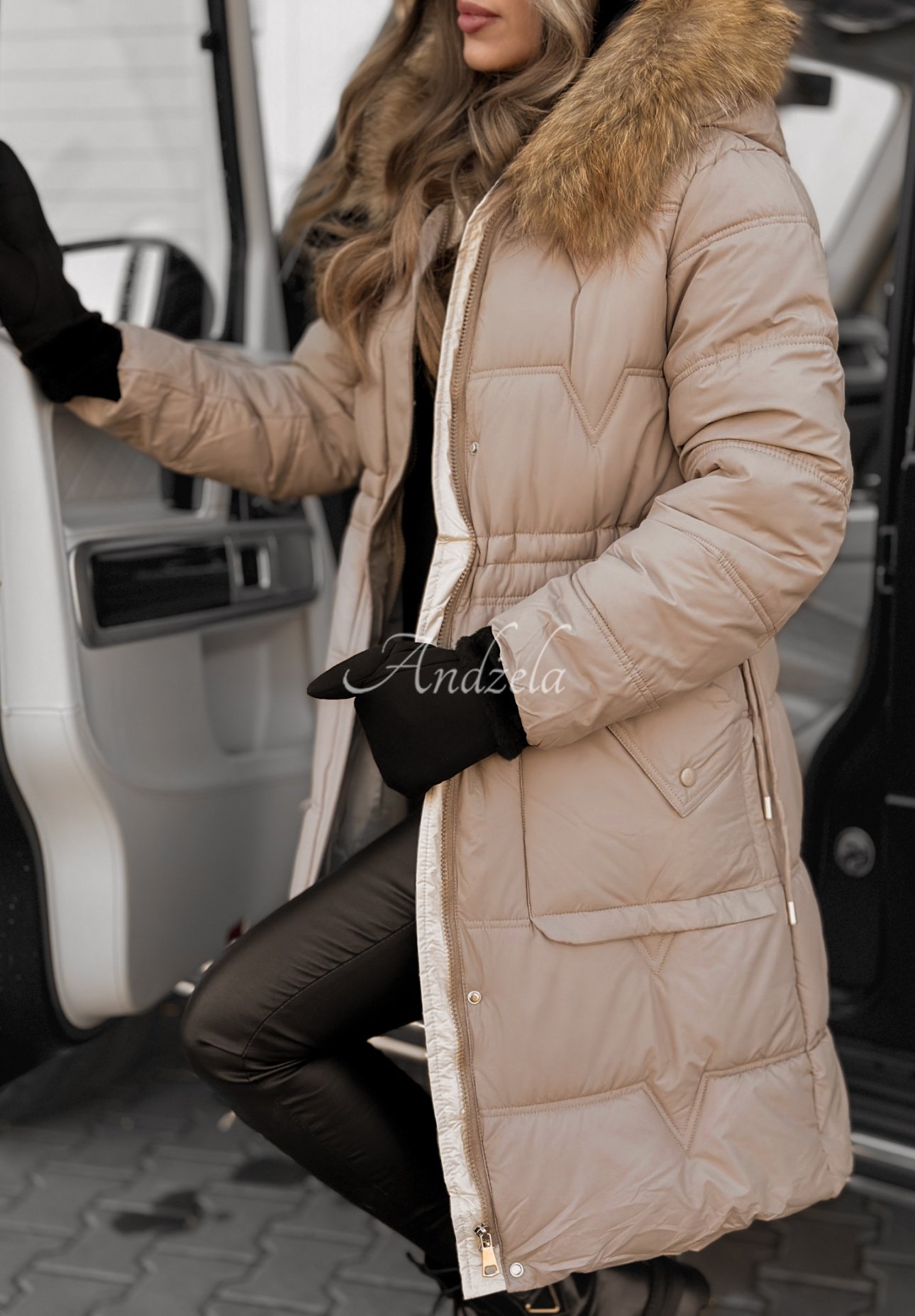 Dlhá prešívaná Bunda Rivia tmavo béžová