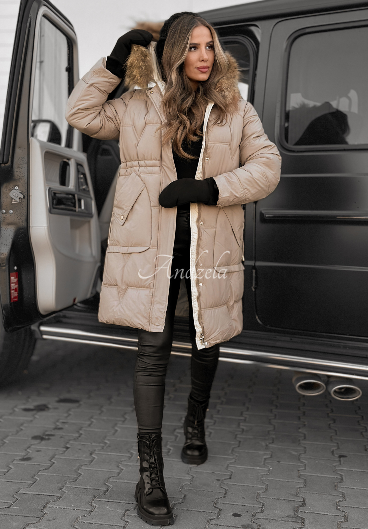 Dlhá prešívaná Bunda Rivia tmavo béžová