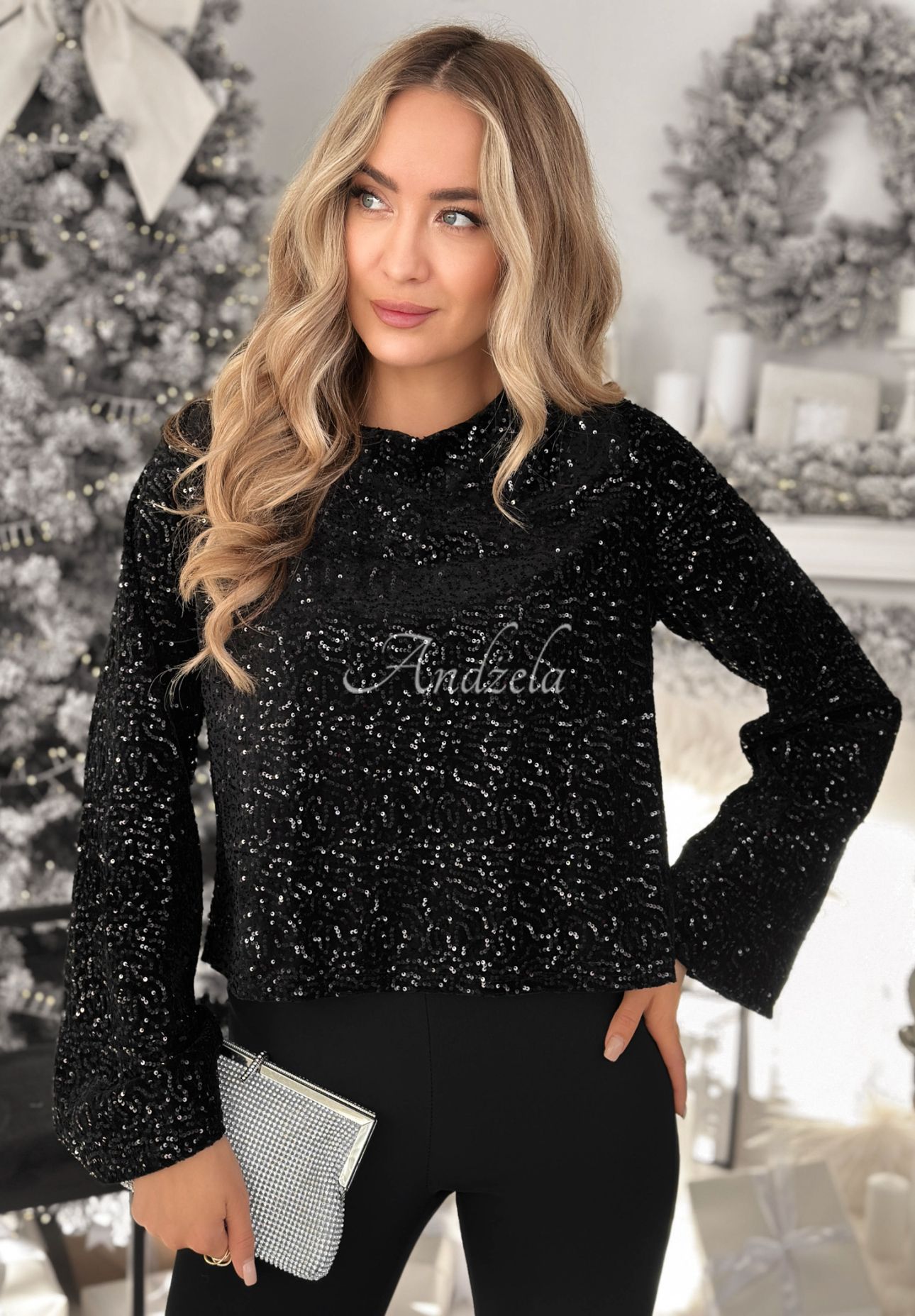 Flitrová blúzka longsleeve The Mistletoe Lady čierna