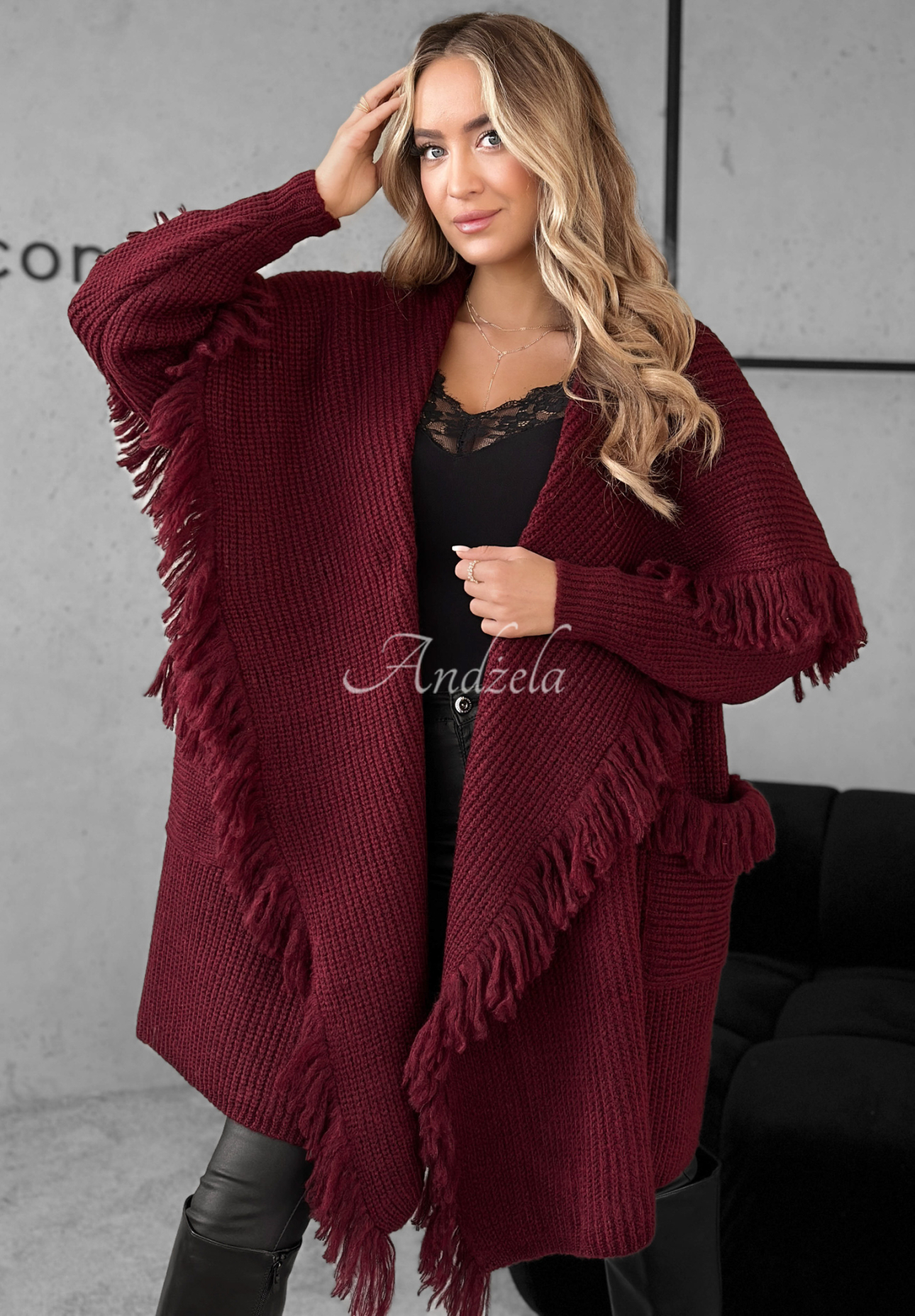 Dlhý kardigan so strapcami Forget My Name bordová