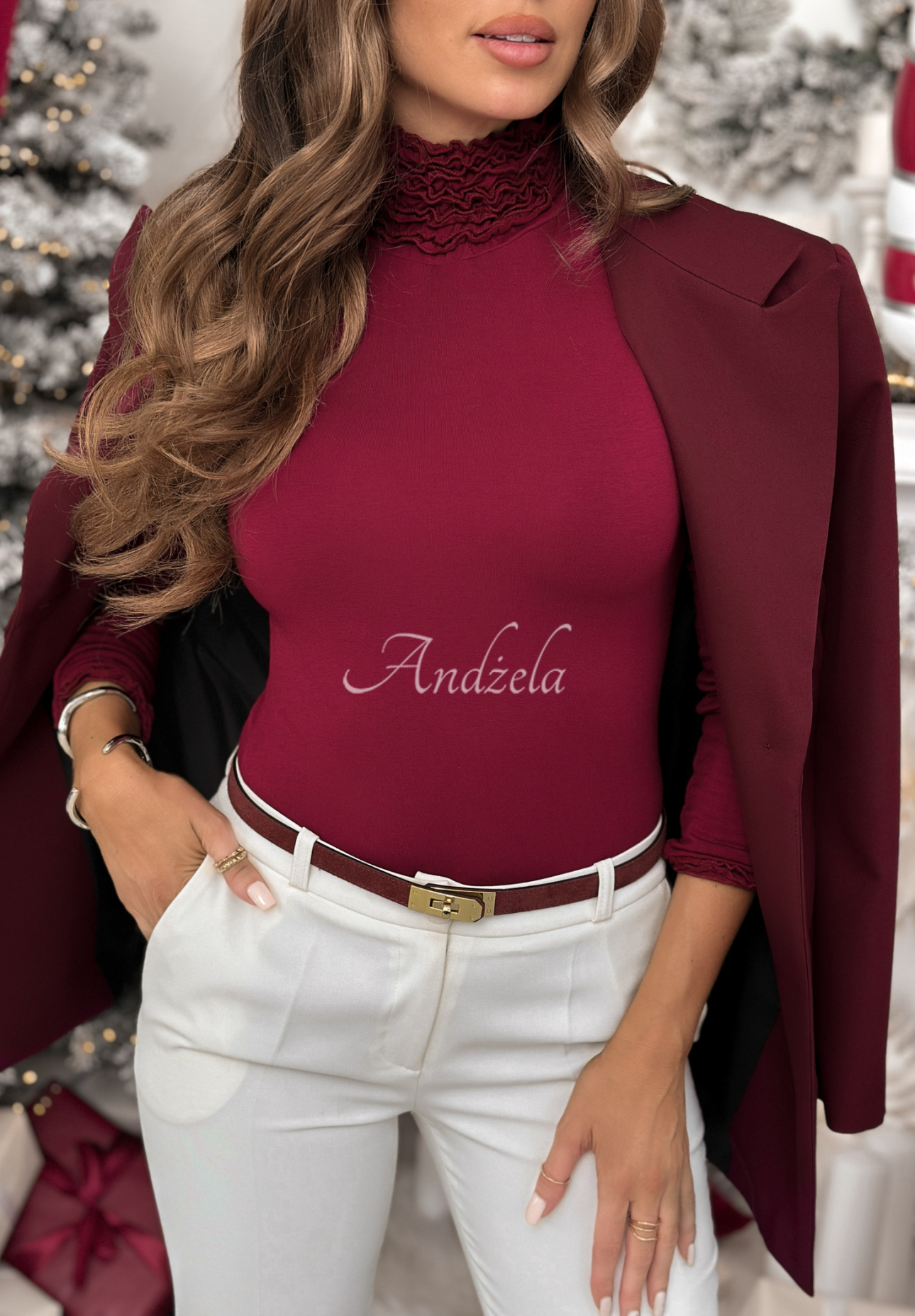 Viskózová blúzka s dlhým rukávom a rolákom Your Own Luck bordová