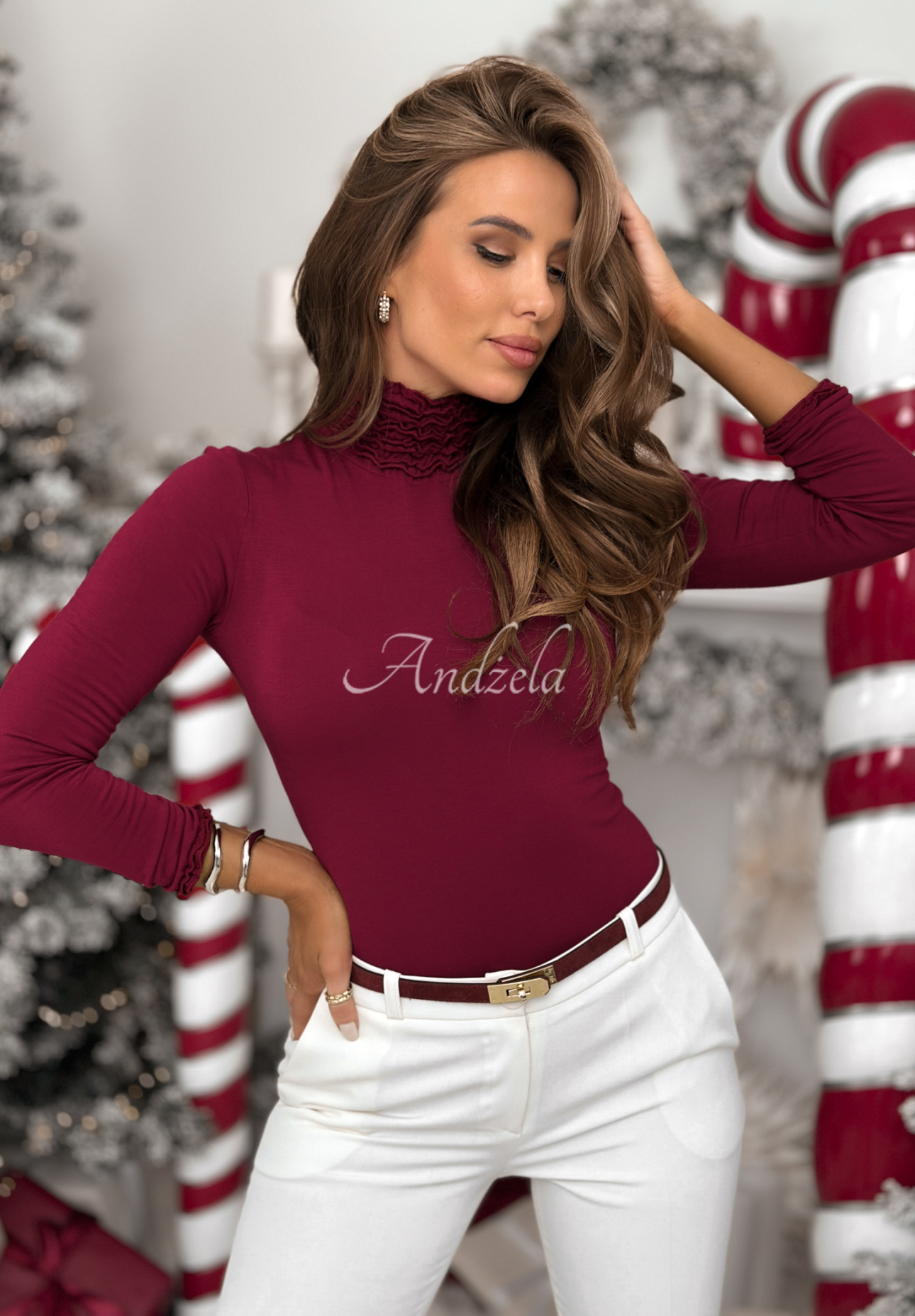 Viskózová blúzka s dlhým rukávom a rolákom Your Own Luck bordová