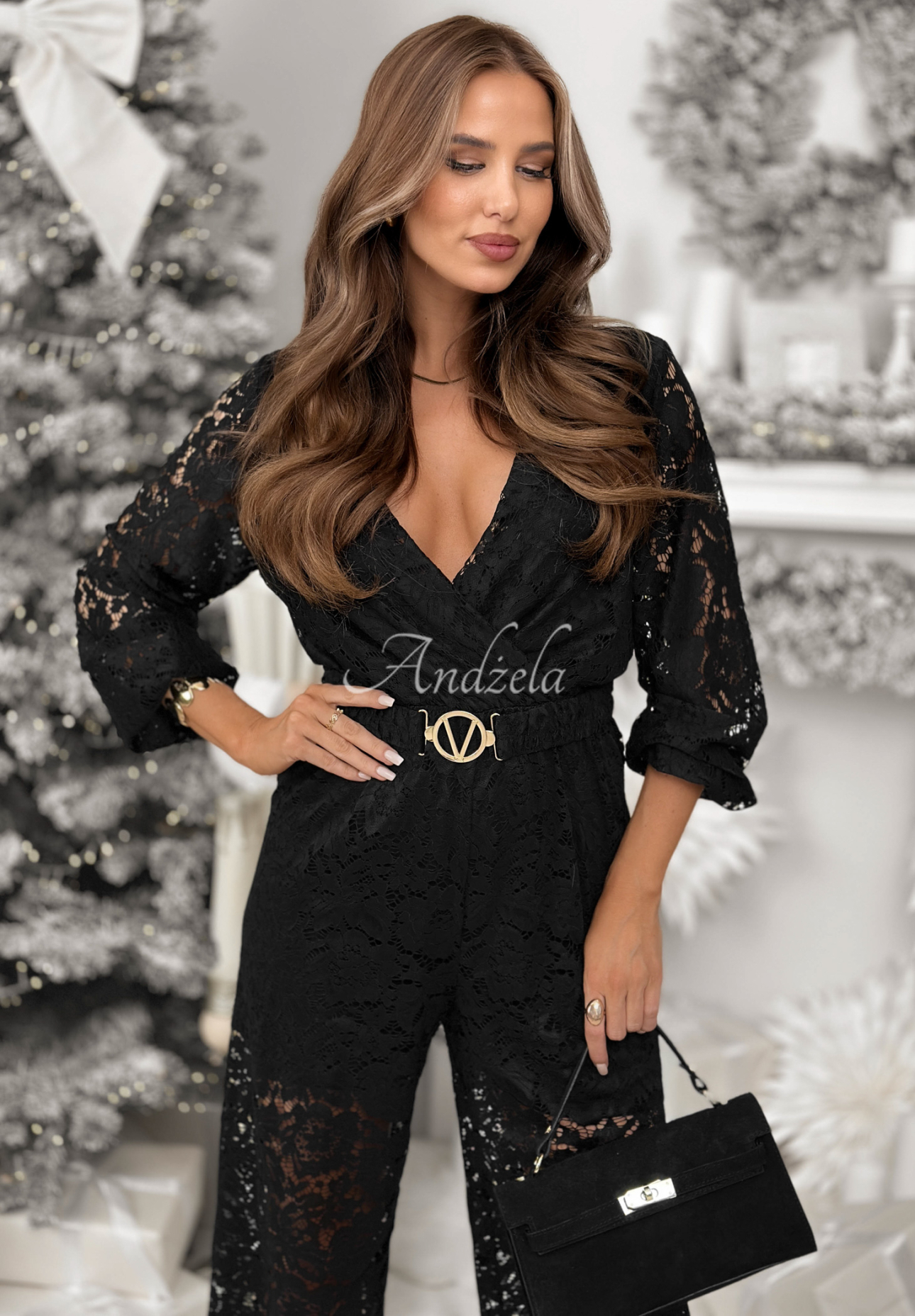 Čipkovaný overal s opaskom Back To You čierna