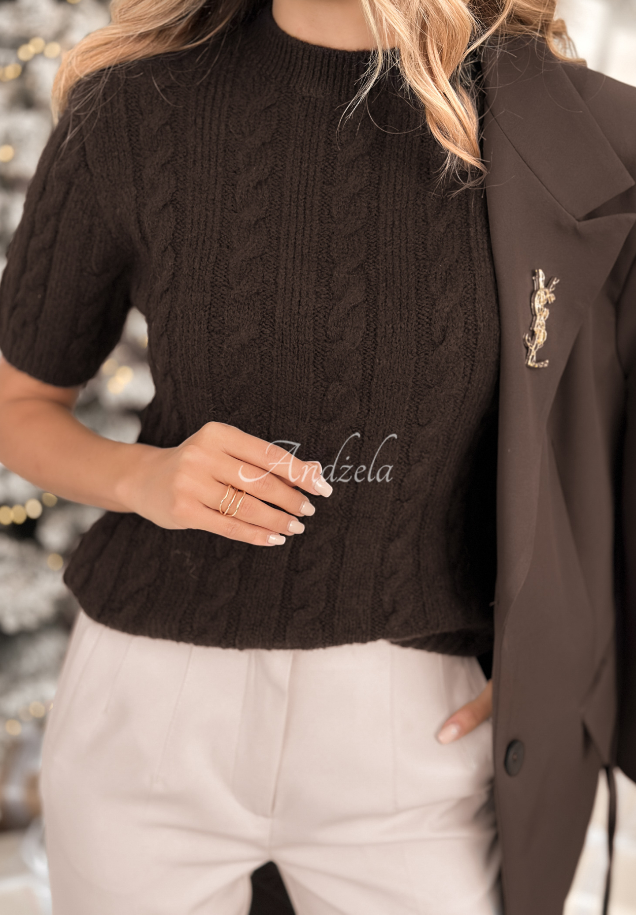 Ozdobne pletený sveter s vlnou a alpakou Miss Me čokoládový