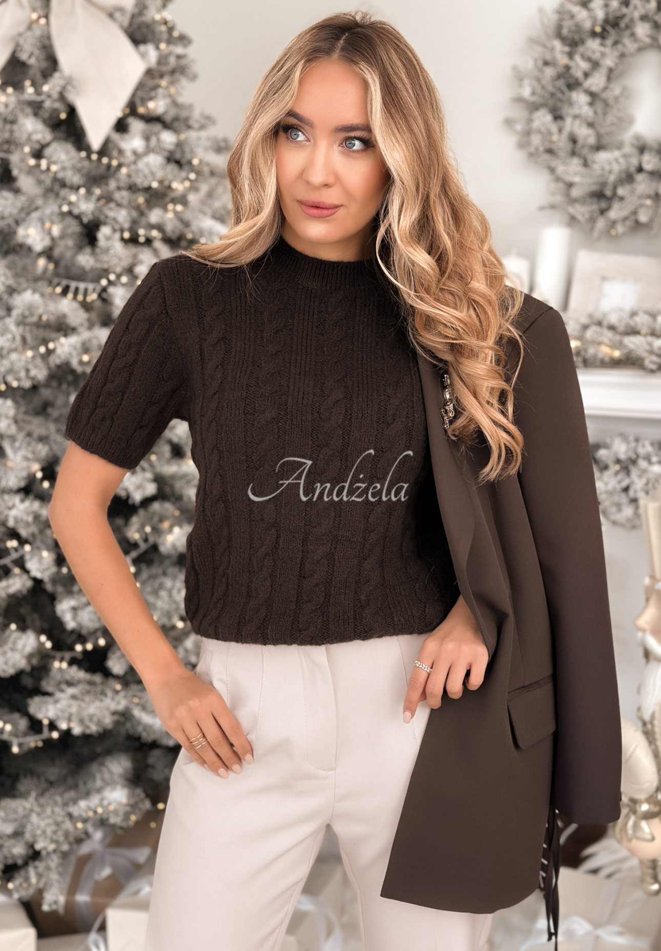 Ozdobne pletený sveter s vlnou a alpakou Miss Me čokoládový