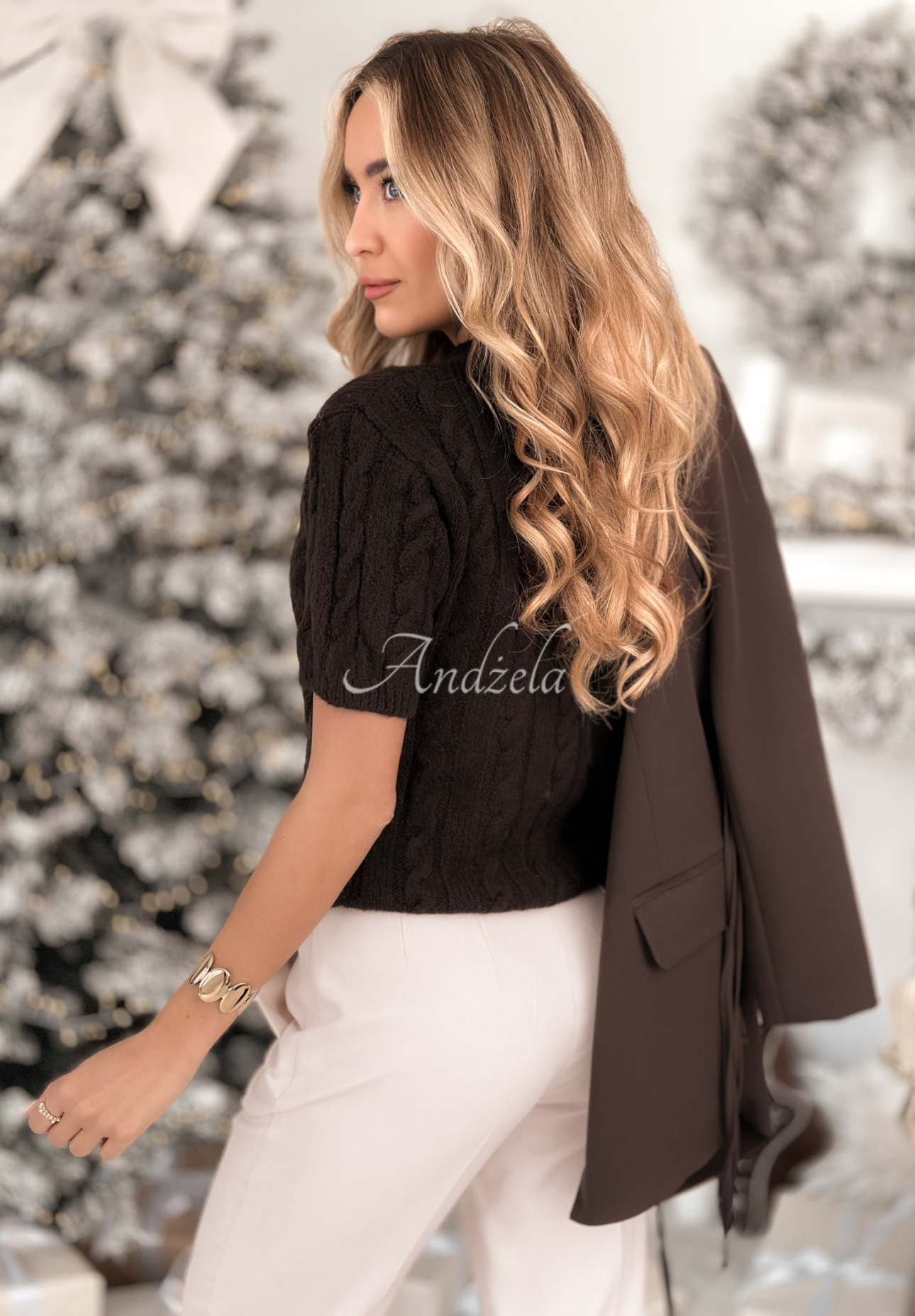 Ozdobne pletený sveter s vlnou a alpakou Miss Me čokoládový