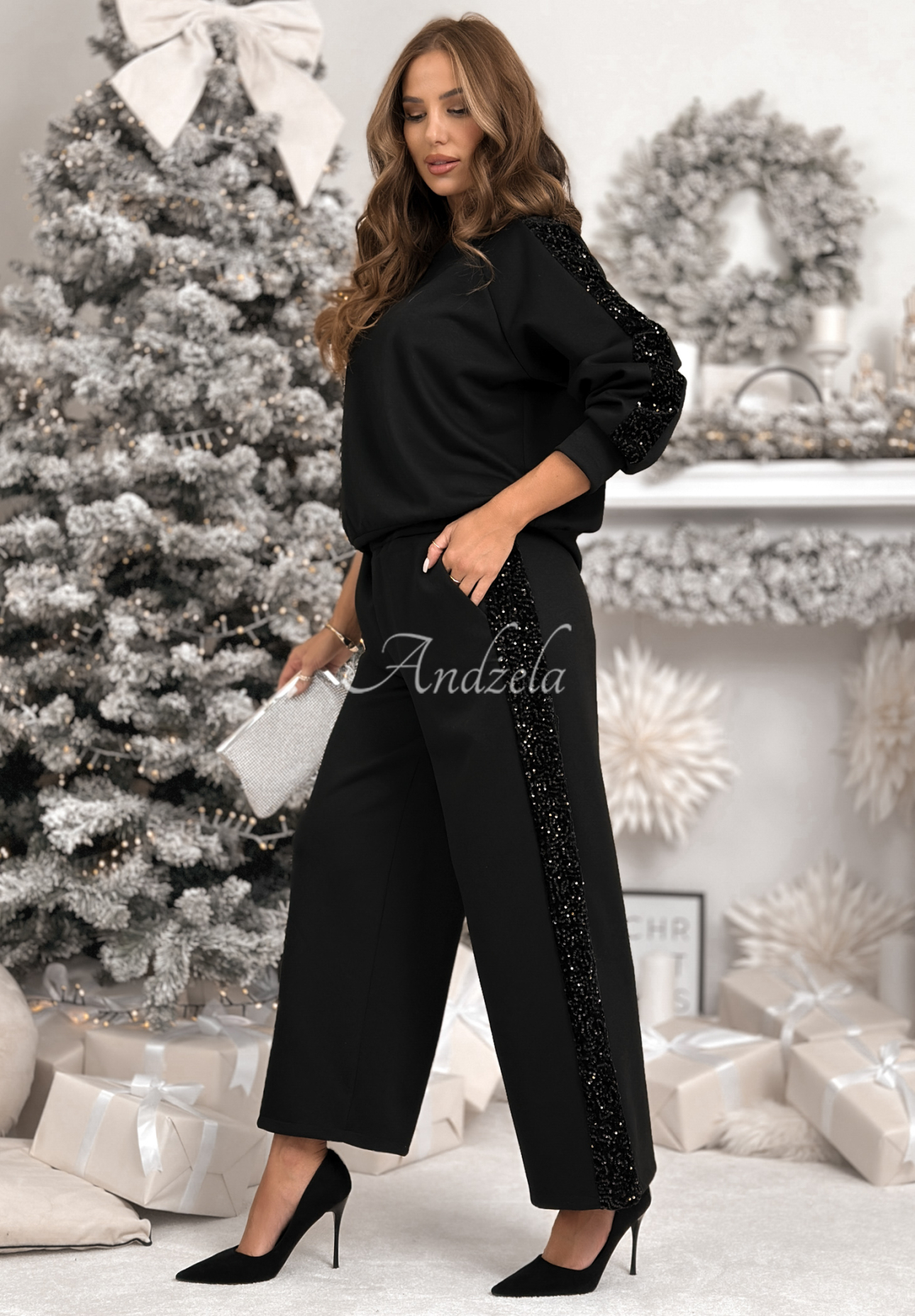 Viskózová tepláková súprava mikina a nohavice s flitrami Nothing To Do čierne