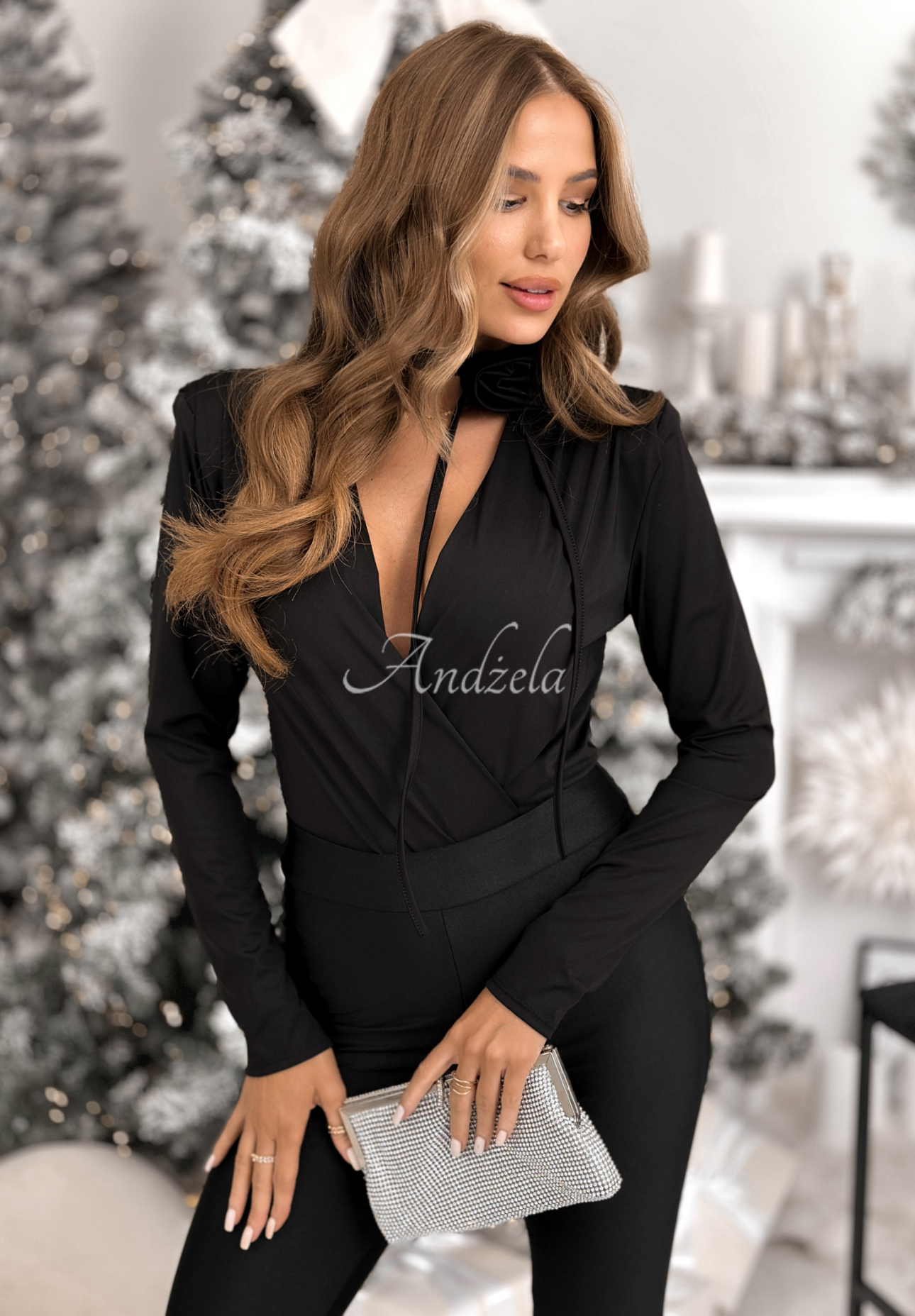 Body s chokerom s ružou Symphony Of Style čierne