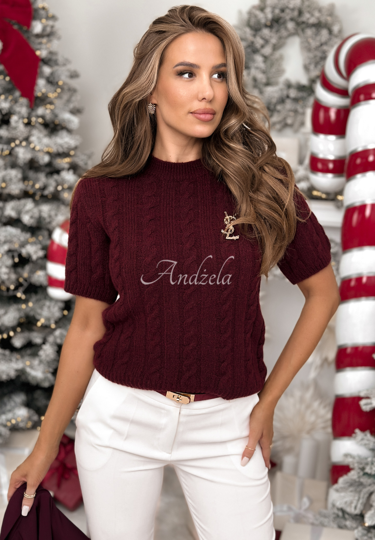 Ozdobne pletený sveter s vlnou a alpakou Miss Me bordová