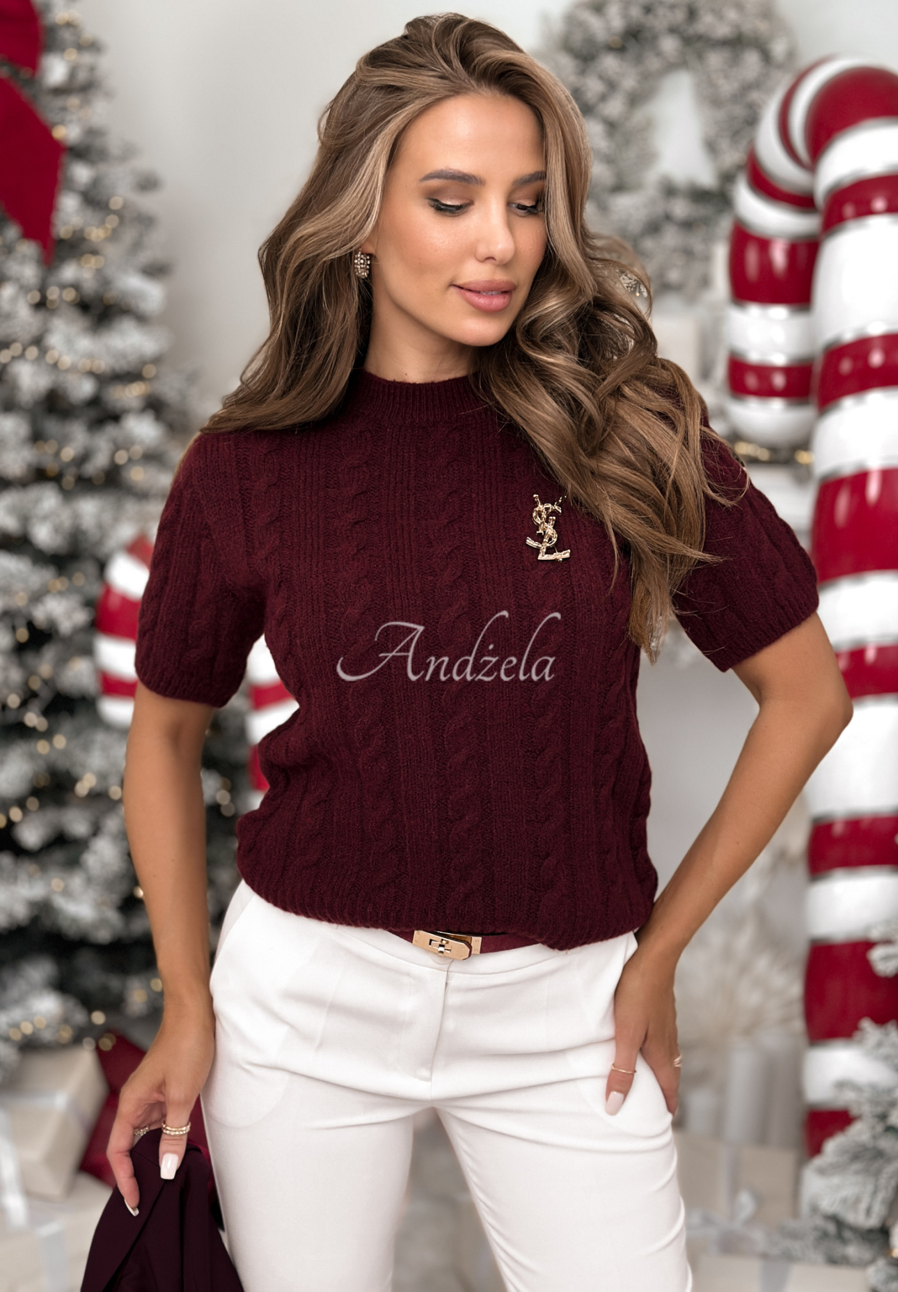 Ozdobne pletený sveter s vlnou a alpakou Miss Me bordová