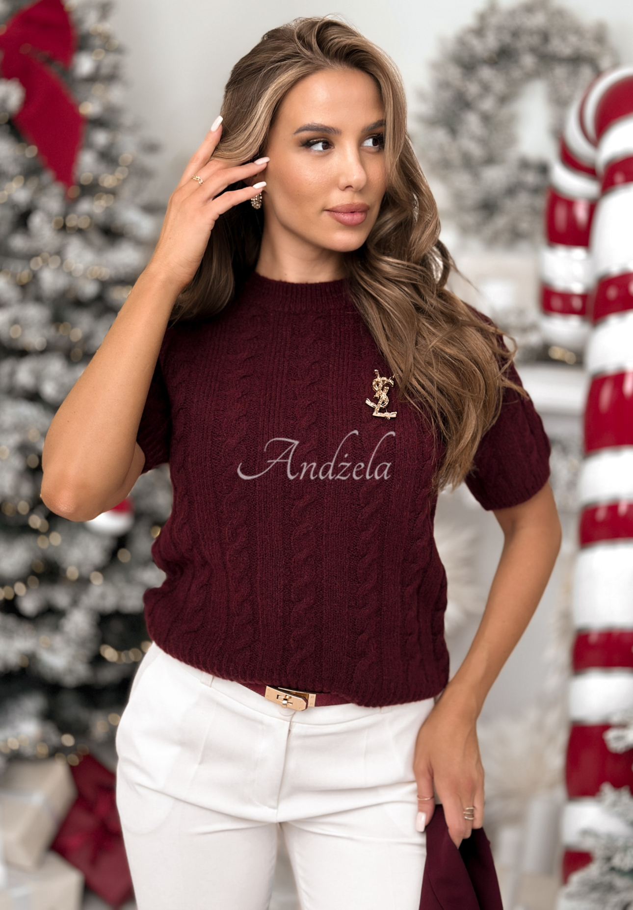 Ozdobne pletený sveter s vlnou a alpakou Miss Me bordová